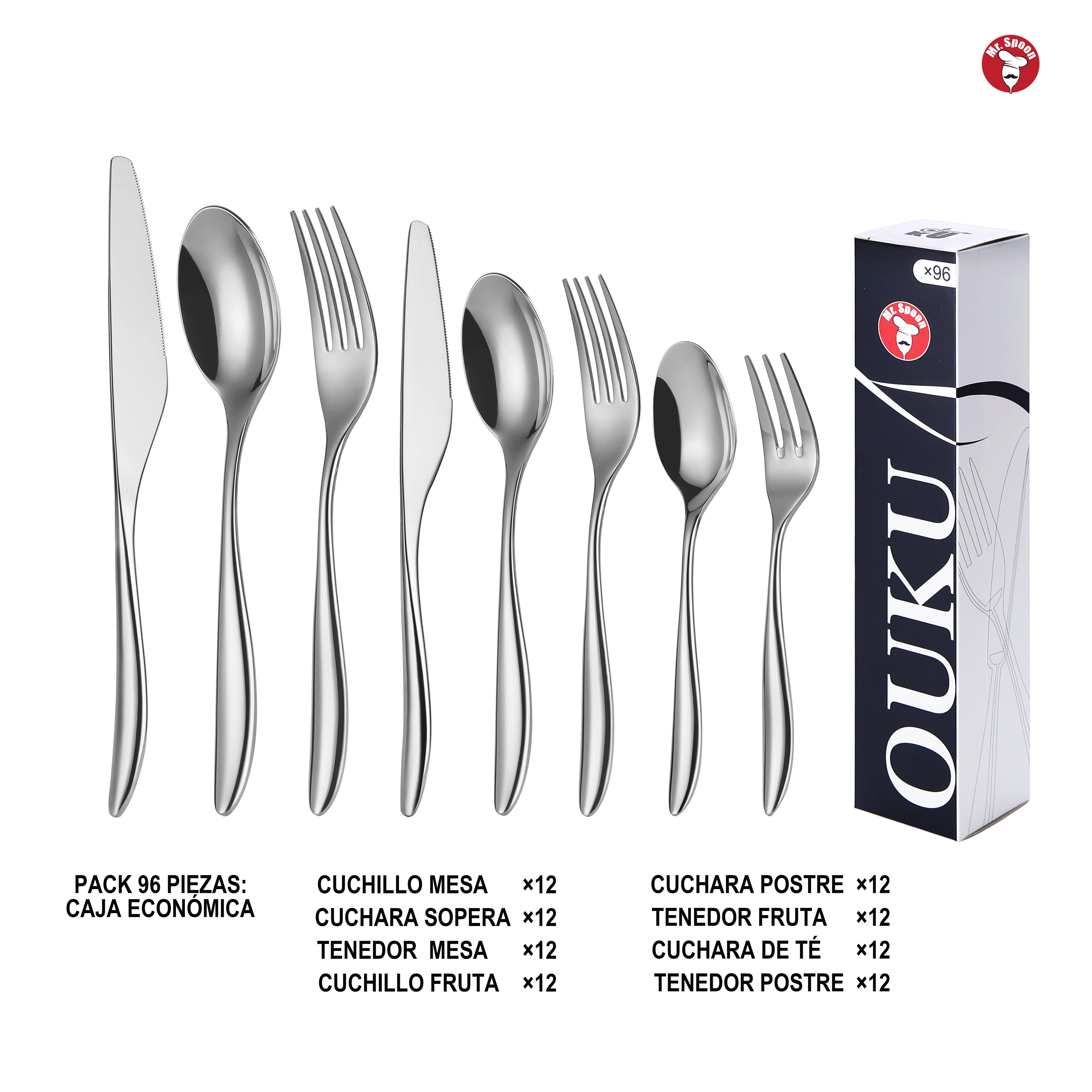 Mr. Spoon Serie Luz Juego 96, 108 o 120 piezas cubiertos,Acero inox 18/10,Alta calidad y acabado,Incluye cuchillo carne o mesa,tenedor,cuchara,cucharilla,etc,Diseño moderno y elegante,Apto para lavavajillas,Caja ecológica,Para Casa,Hotel,Restaurante,60541