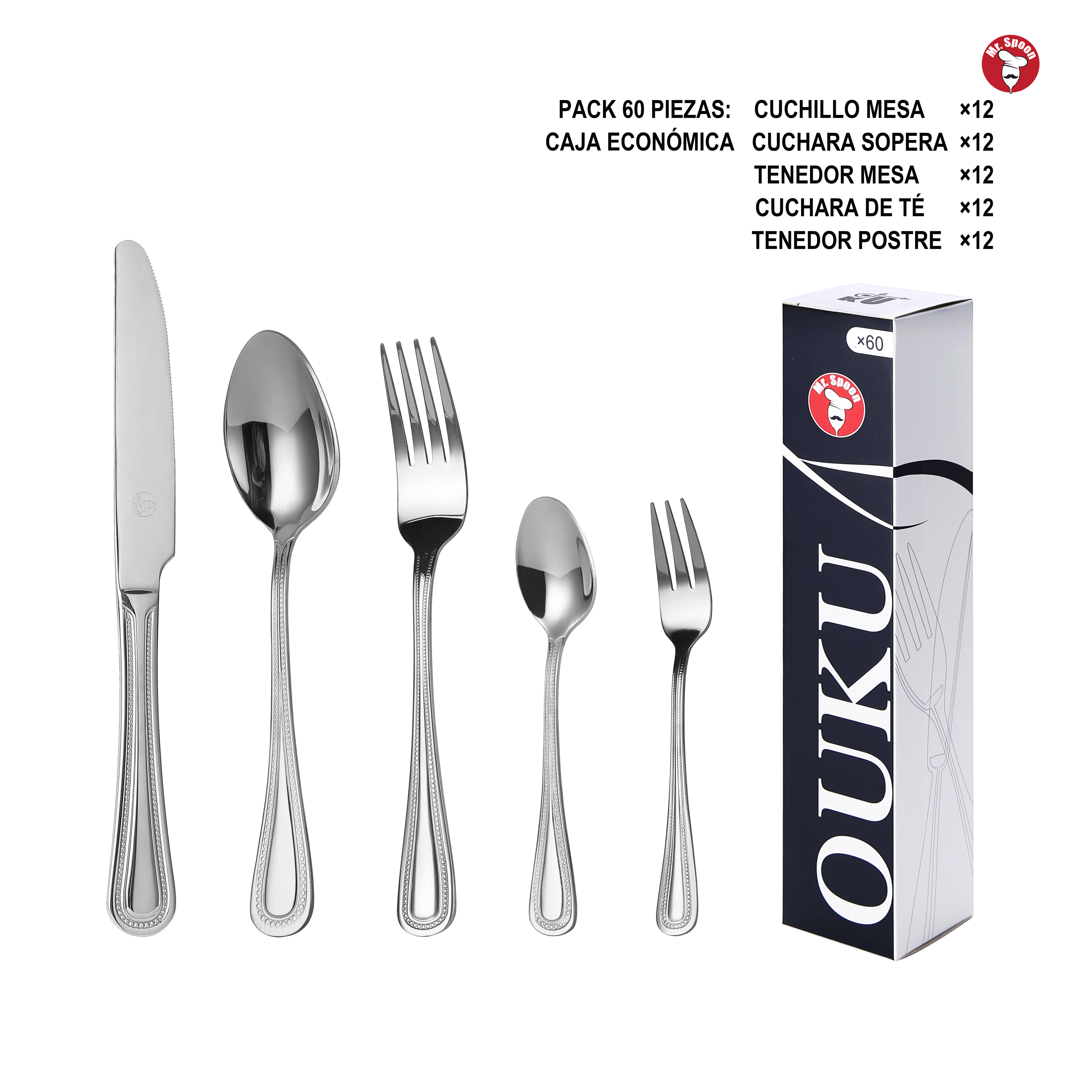 Mr.Spoon Serie Bola Juego de 60 o 72 piezas cubiertos,Acero Inoxidable18/0,Plateado,Económico y funcional,Incluye cuchillo de carne o mesa,tenedor,cuchara,cucharilla,etc.Mango monobloque,Apto para lavavajillas,Empaque ecológico,Para casa,hotel,restaurante