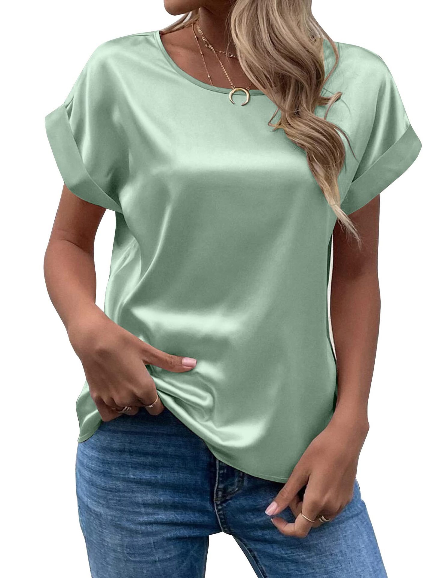 TK Camiseta De Seda Para Mujer Con Manga Corta Estilo Casual Cuello Redondo Colores Variados Talla Grande Primavera Verano
