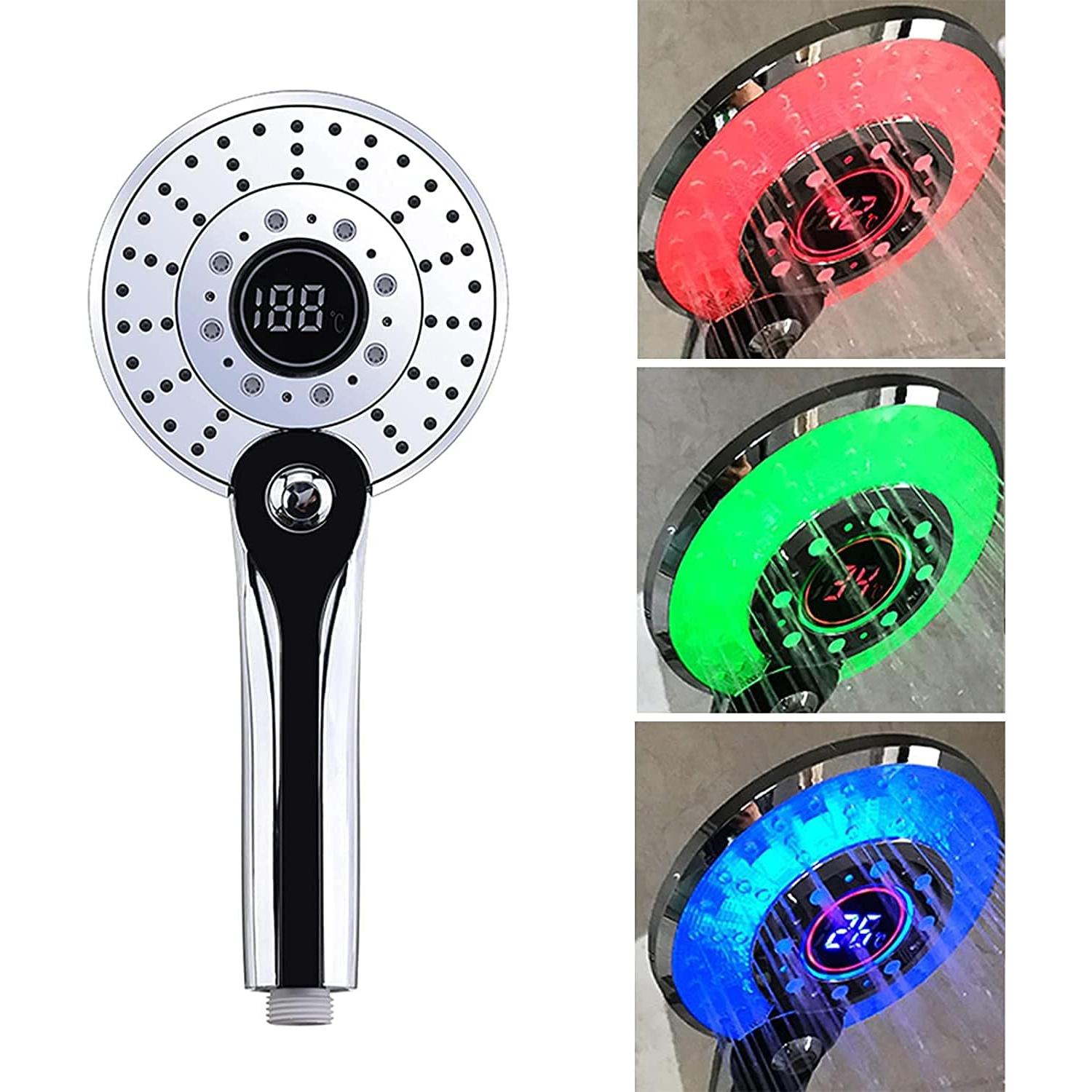 TK Cabezal de Ducha LED, Cabezal de Ducha LED Ducha de mano con control de temperatura de 3 Colores con Pantalla digital de temperatura Ducha con Ahorro de Agua 3 Modos