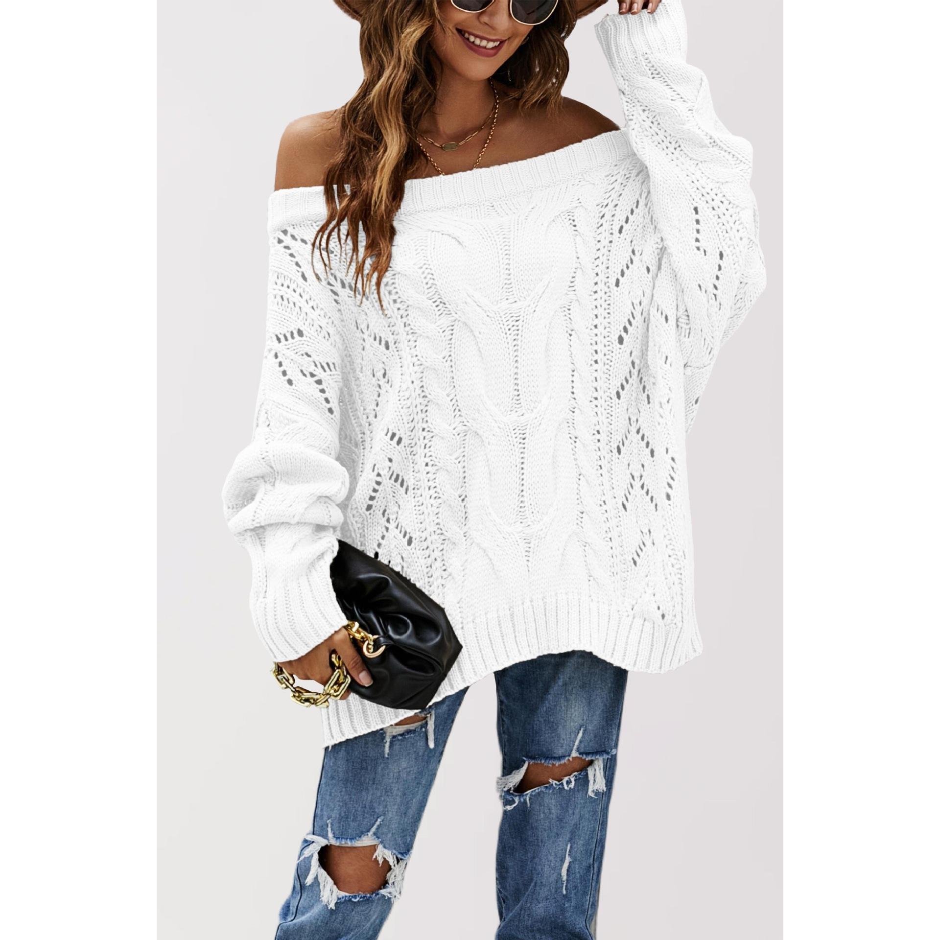 TK Suéter de punto holgado con hombros descubiertos para mujer, talla grande, color liso, para otoño e invierno