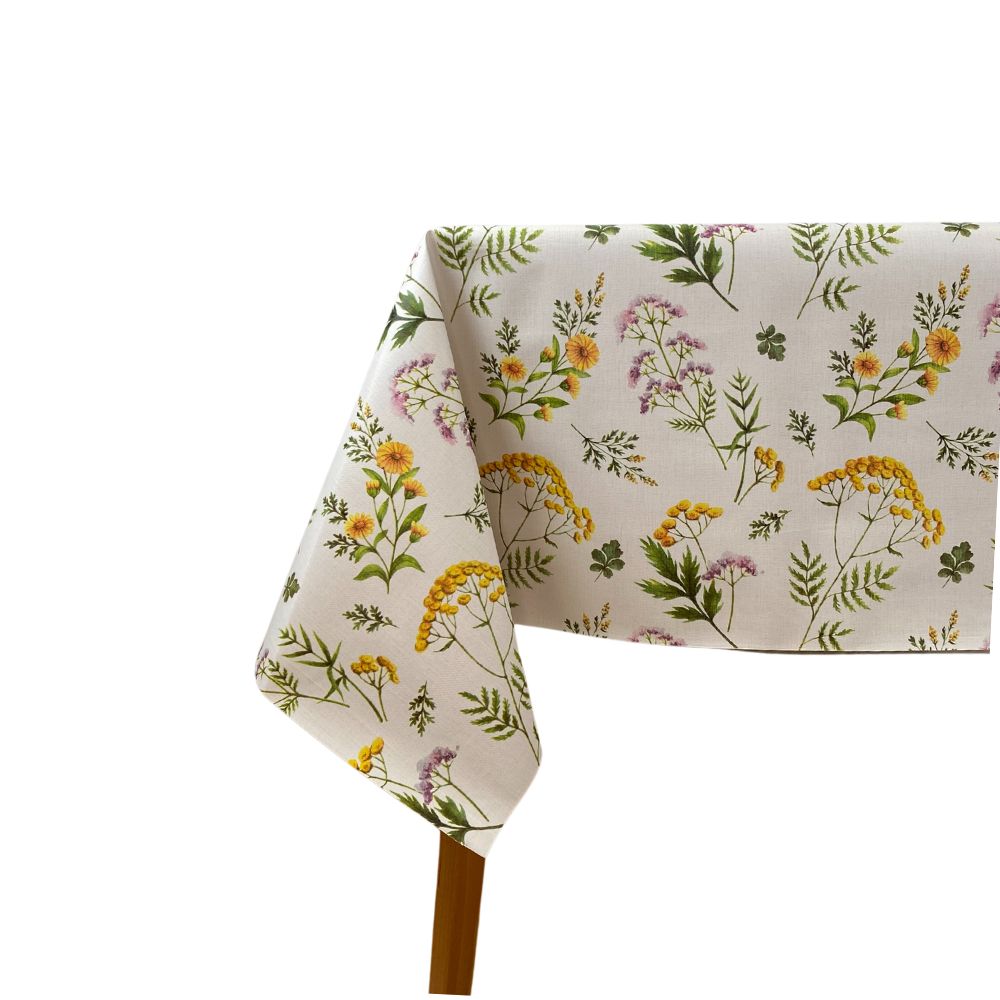 Mantel de Hulehule Tex - PVC Estampado Flores Plantas Blanco Antimanchas Resistente al Agua - Precio por Metro Lineal