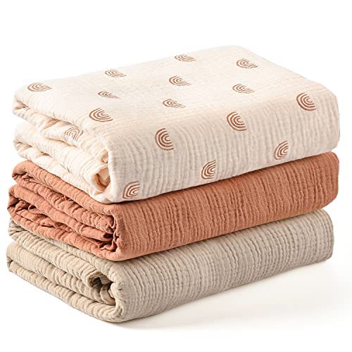 OmHom Conjunto 3 piezas para bebés: Muselina de algodón 100% suave como la nube, toalla envolvente para recién nacidos + manta de 6 capas, cuidado delicado para niños y niñas