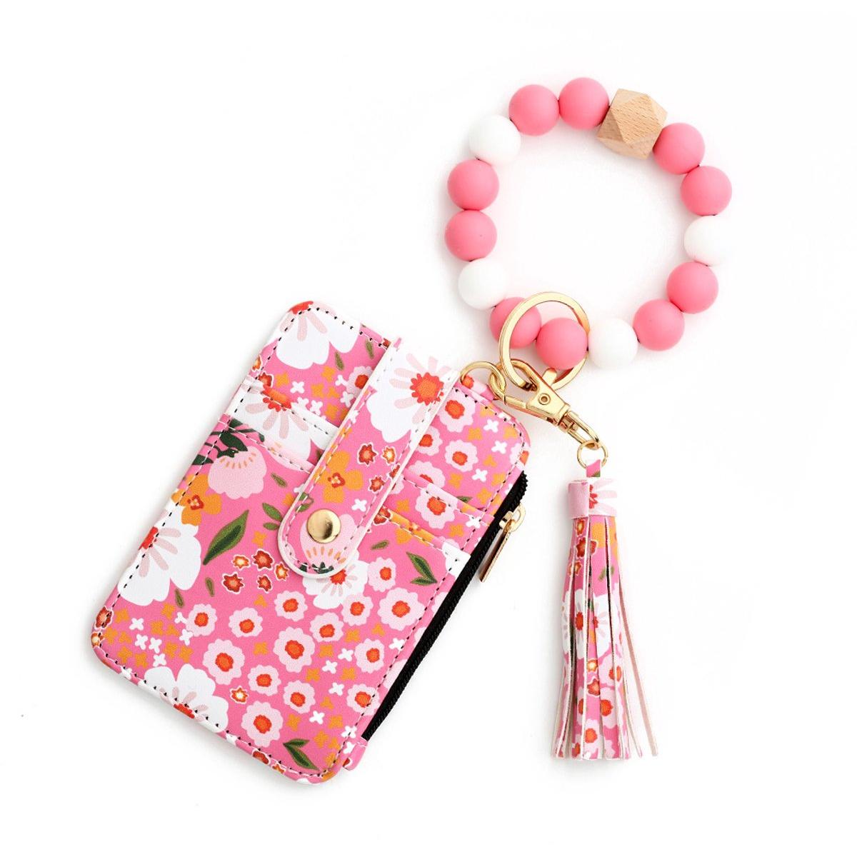 Cartera de mujer - Cartera con cremallera - Tarjetero - Cartera - Cartera con llavero y borla de cuentas estilo bohemio - Cartera de mujer con estampado floral - Tarjetero bancario - Para uso diario y viajes - Rosa