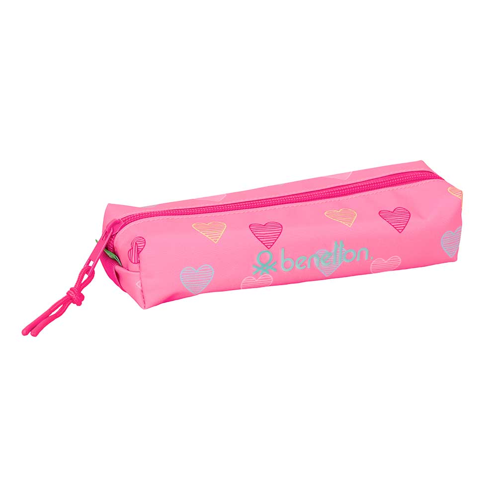 SAFTA | Portatodo Doble Benetton Heart, Portatodo Escolar Infantil con 2 Compartimentos Separados, Cremalleras Dobles, Asa Lateral, Organizador para Vuelta al Cole, Rosa con Corazones
