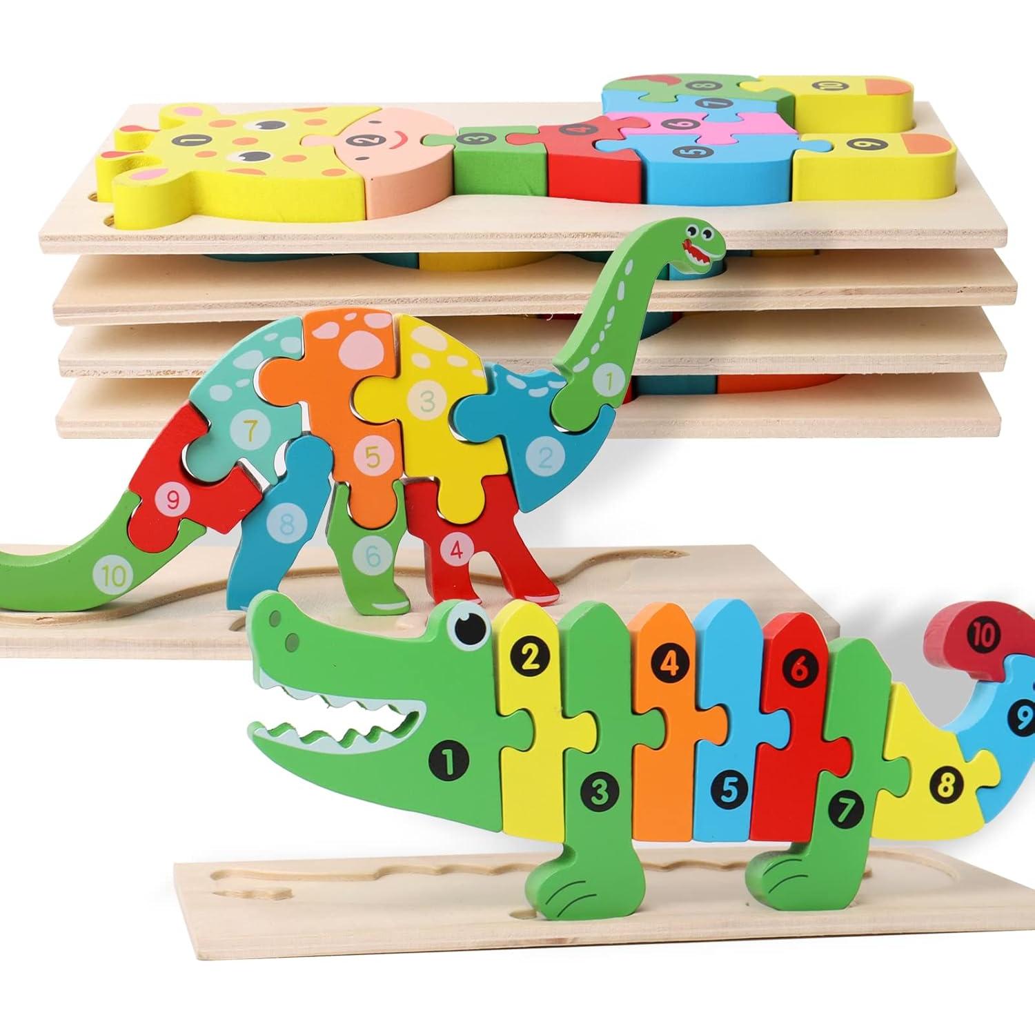 Rompecabezas de Madera para Niños – Puzzles Educativos con Números, Dinosaurios y Animales – Juguetes de Aprendizaje para Niños y Niñas de 2 a 6 Años – Regalo Ideal para Desarrollo Cognitivo y Motricidad Fina
