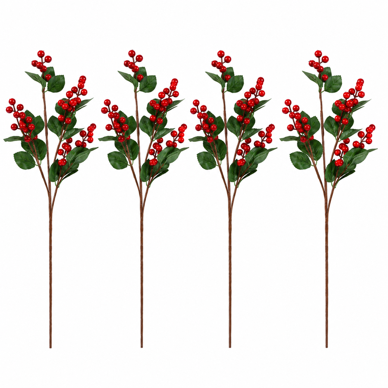 Set de 4 Varas Muerdago Decorativas con Bayas Rojas y Hojas Verdes para Navidad – 65 cm - Gerimport
