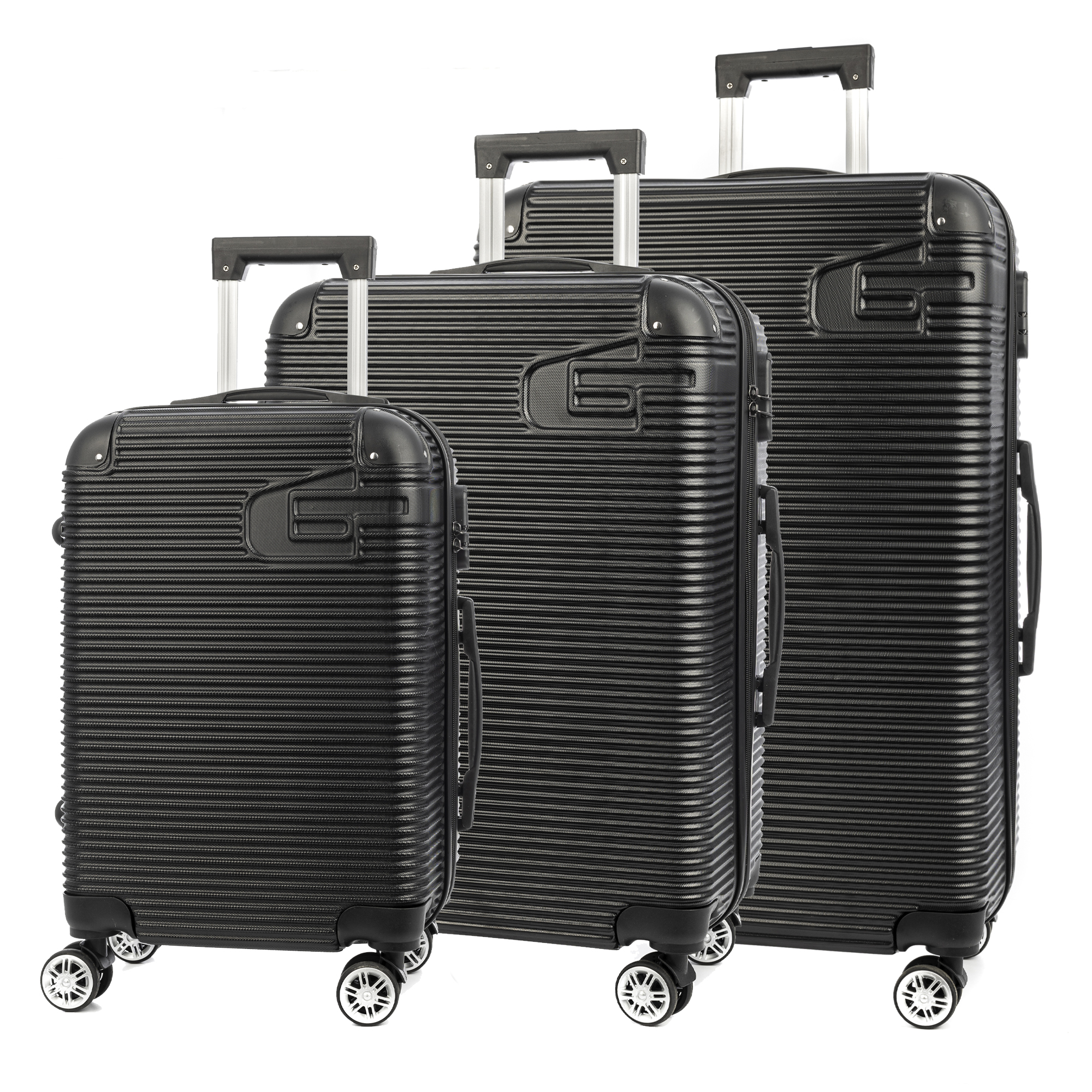 DAM Juego de 3 maletas Trolley, en material ligero ABS de alta resistencia con esquinas reforzadas. Cerradura numérica y 4 ruedas dobles giratorias 360°. 50x29x76 Cm.