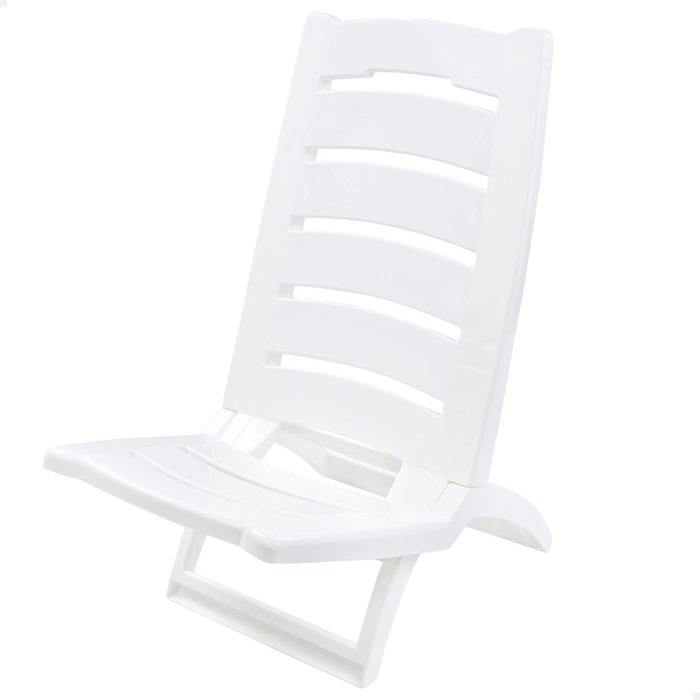 Silla playa plástico plegable baja color blanco Aktive, Silla de playa blanca Aktive, de plástico, ligera y fácil de transportar, medidas 37,5x55x65cm.