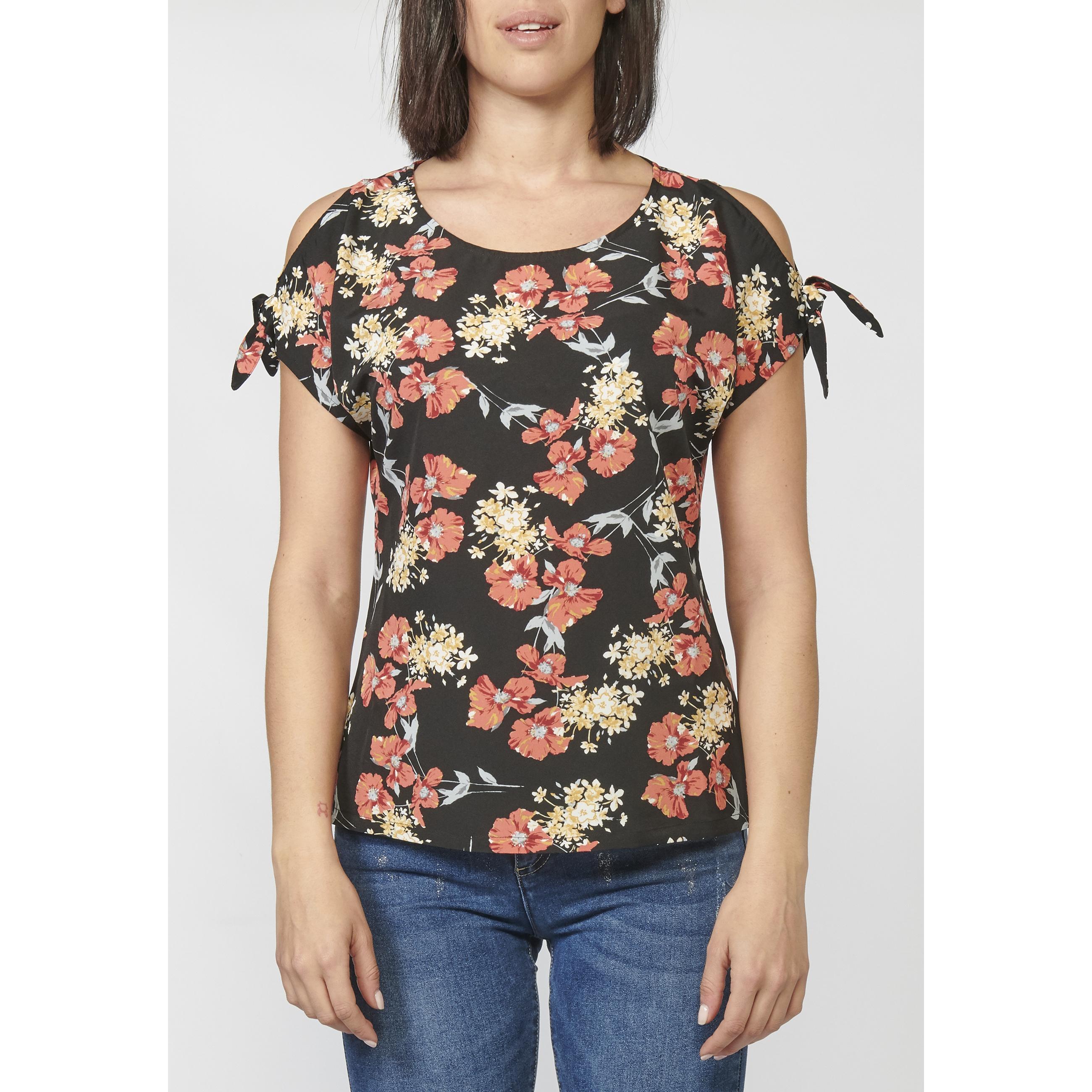 Koroshi - Blusa manga corta estampado floral con lazo decorativo al hombro para mujer, 100 % poliéster fluido y antiarrugas – Koroshi 2212BL42