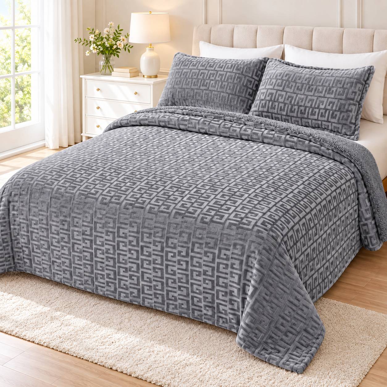 Manta Edredón para Cama con Fundas de Almohada, Diseño Geométrico en Relieve, Reverso de Borreguillo, Tejido de Poliéster, Suave y Cálida, para Camas de 90, 135 y 150 cm