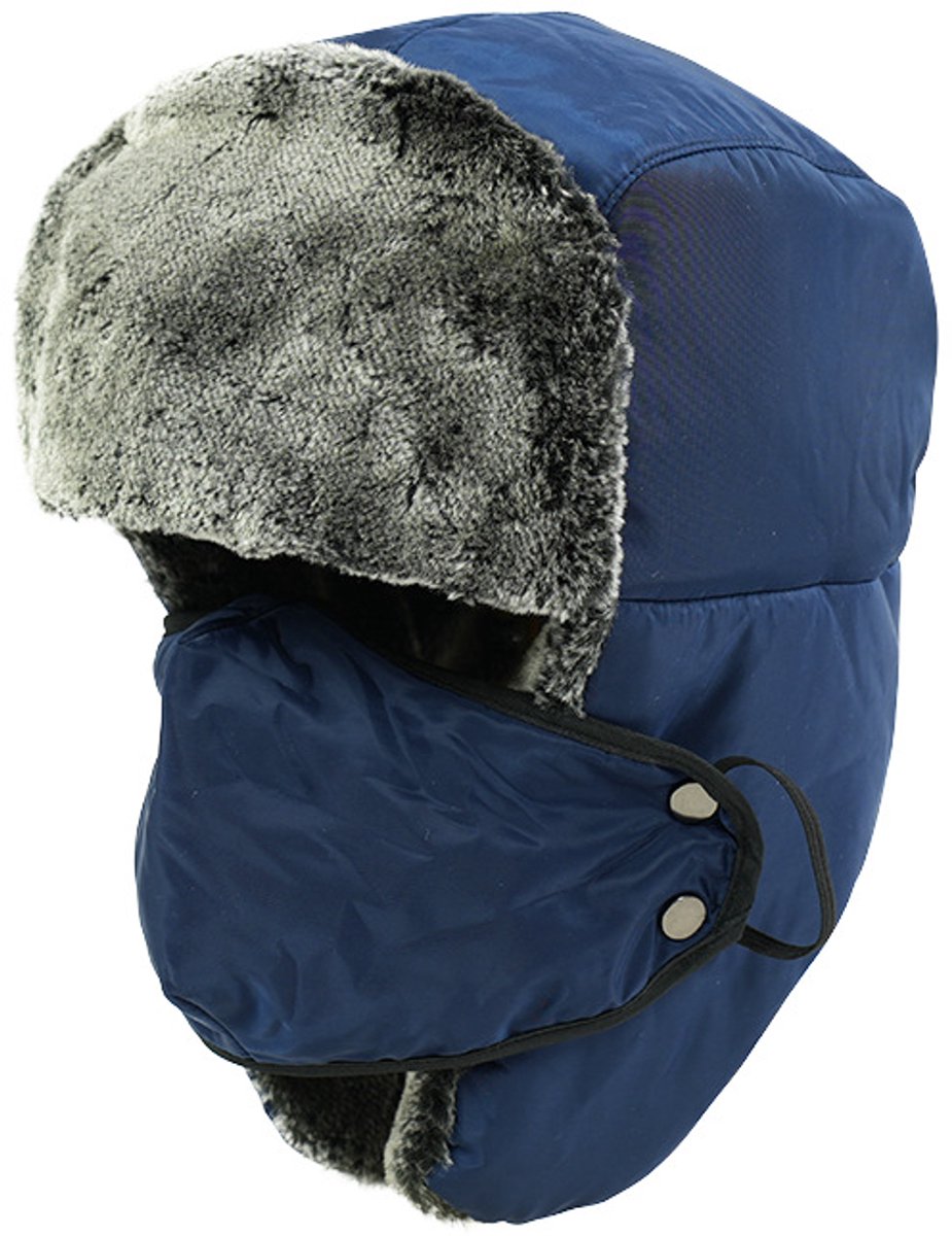 Aviatormuts van imitatiebont met oorkappen en gezichtsmasker; een warme wintermuts, geschikt voor skiën, schaatsen en andere buitenactiviteiten; Marineblauw; hoofdomtrek 55-60 cm.