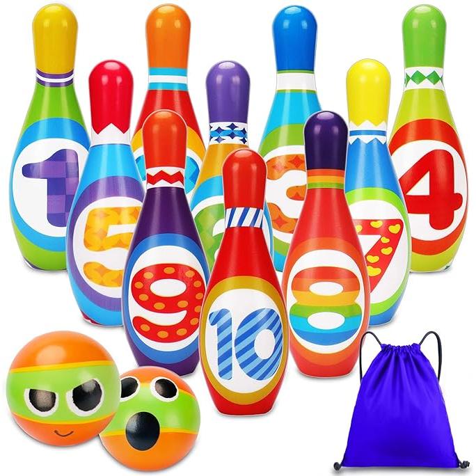 Juego de bolos para niños, adecuado para niños de 2 a 5 años, juego de bolos blandos para interiores, incluye 10 bolos y 2 bolas de bolos