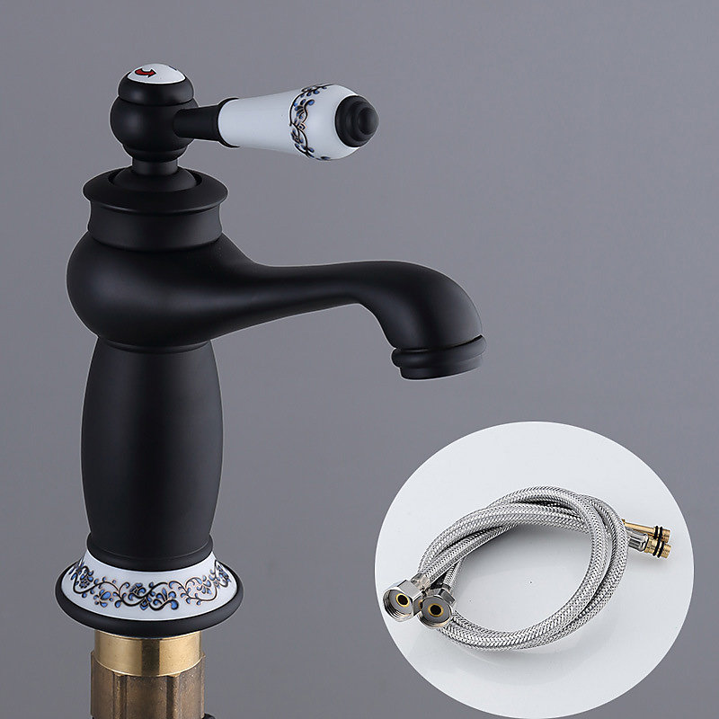 CA Grifo de lavabo retro de latón negro y cerámica, grifo mezclador vintage antiguo, grifo de agua fría/caliente, decorativo