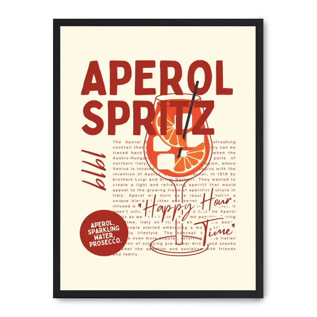 Cuadro aperol spritz i 30x40cm, Póster impreso en papel de primera calidad de 180gr, montado sobre marco de madera MDF acabado en negro., Cocina - Bebidas