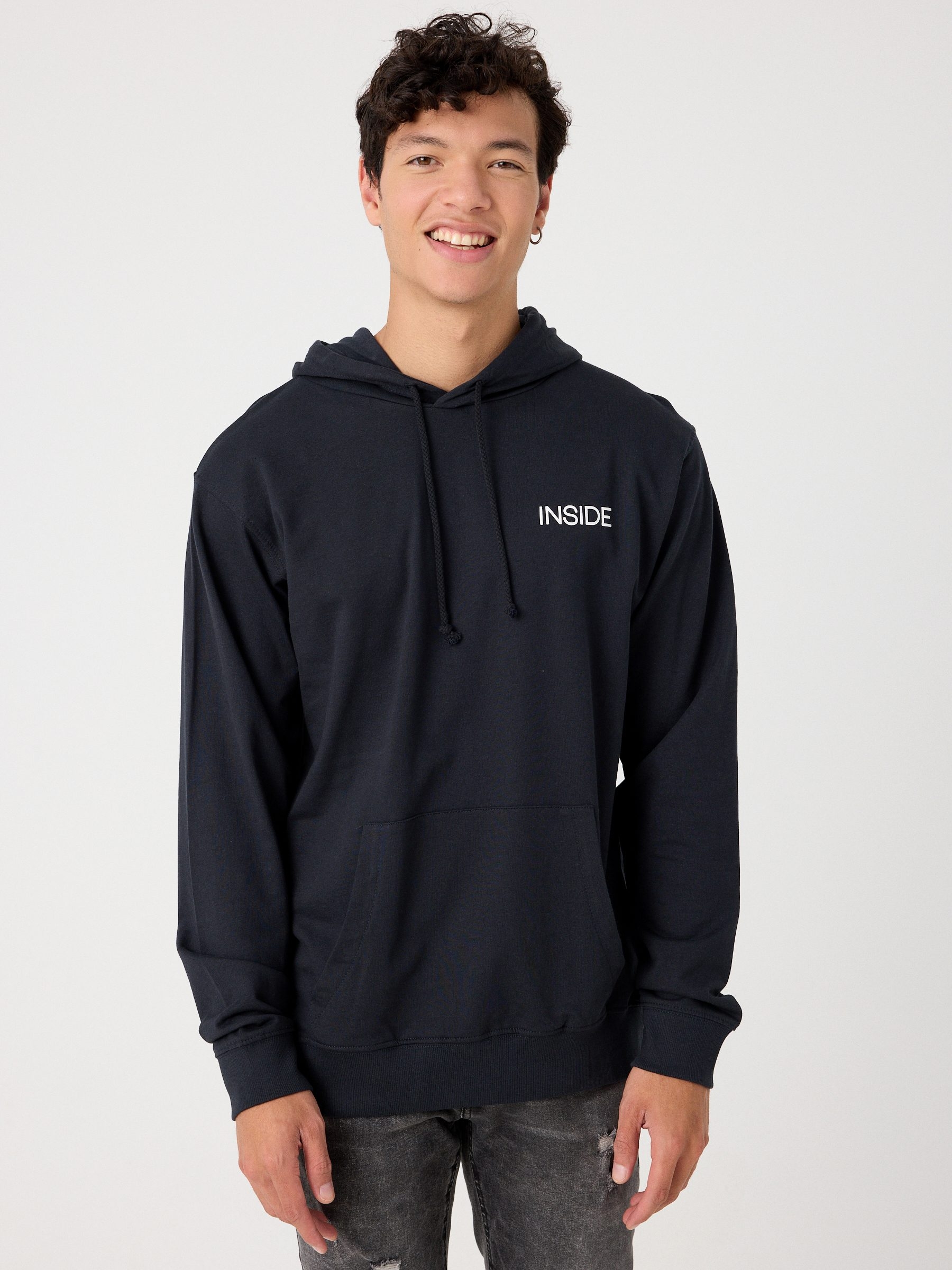 Sudadera regular de manga larga y cuello redondo con capucha y bolsillo de canguro con estampado de texto INSIDE