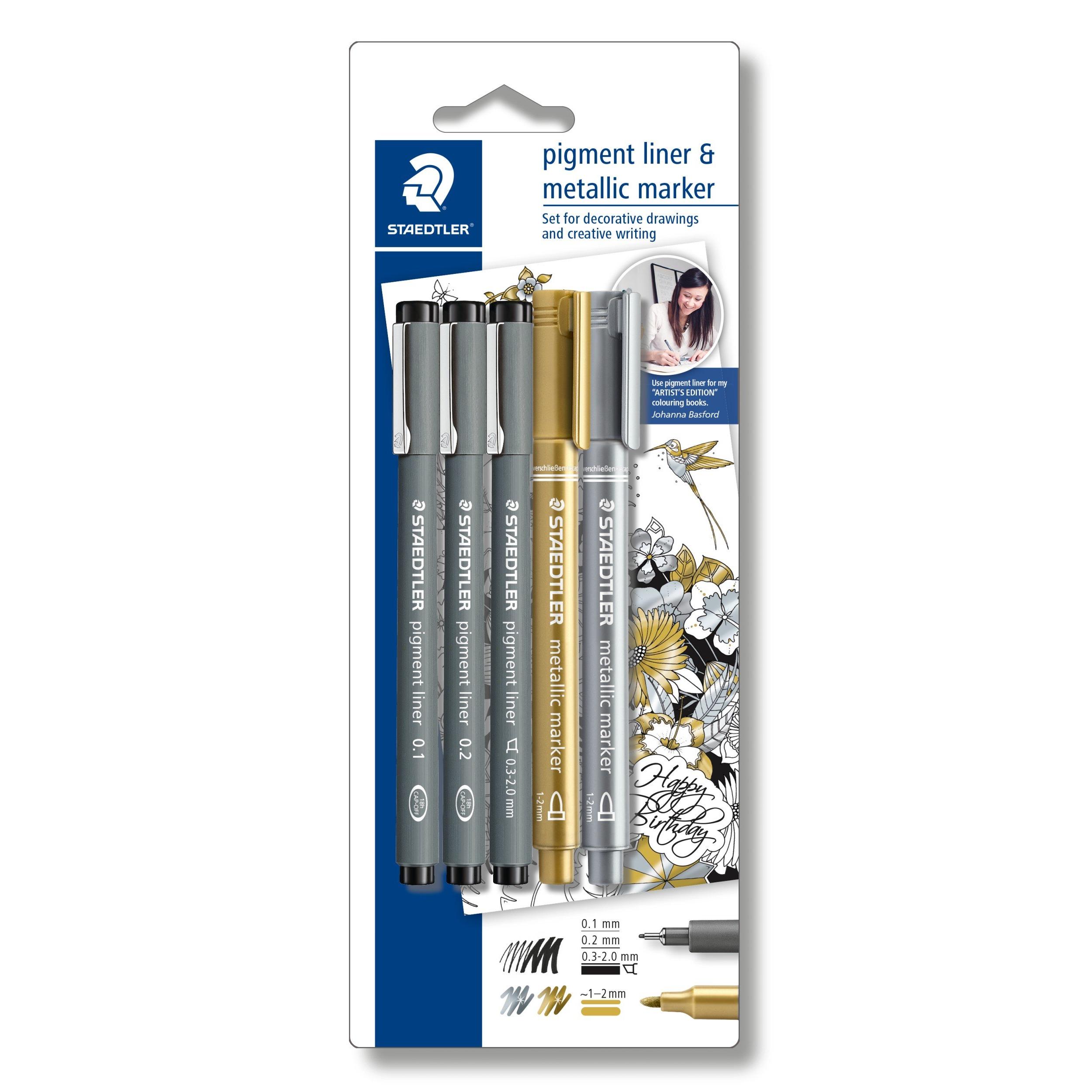 STAEDTLER Pigment Liner 308 SBK3P3 - Blister Set Creativo con 3 Rotuladores calibrados ancho línea 0,1 mm, 0,2 mm y punta biselada 0,3-2,0 mm + 2 rotuladores metálicos en colores oro y plata.