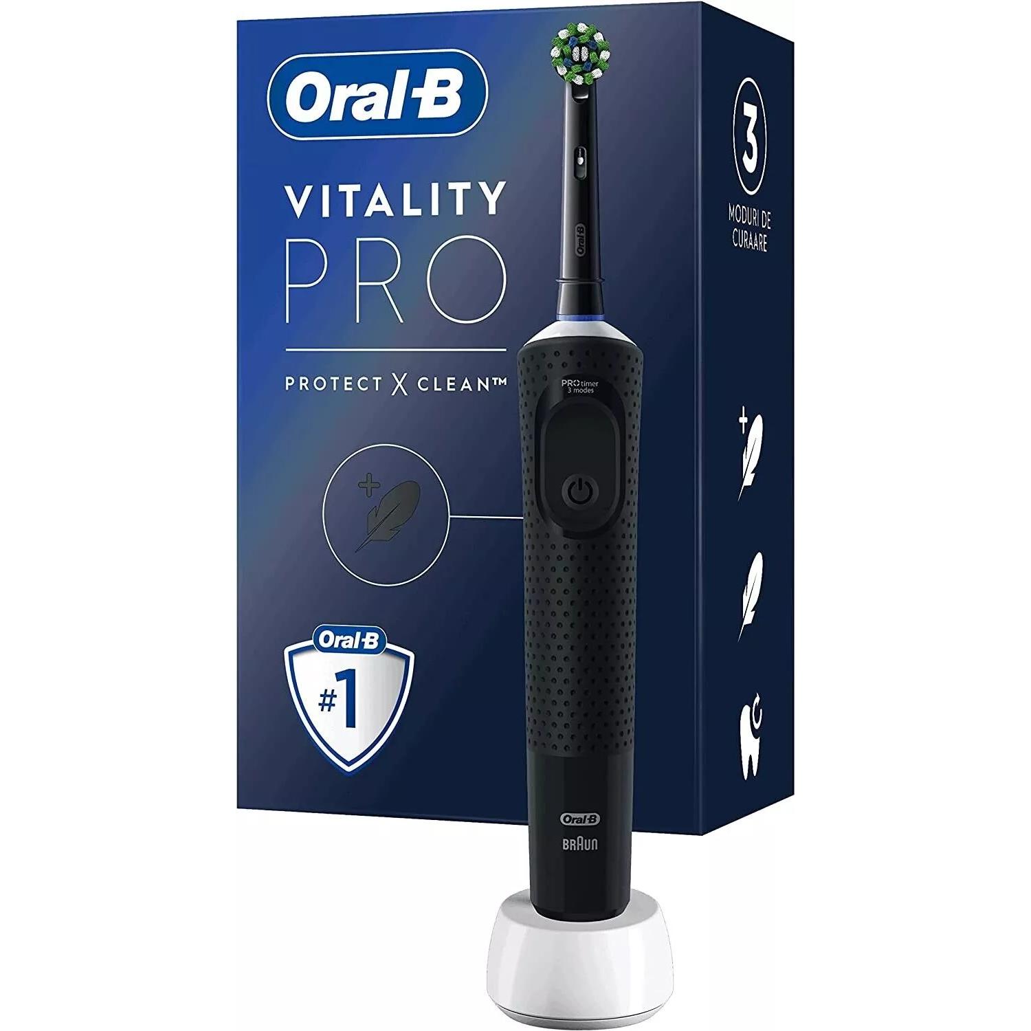 Cepillo eléctrico dientes Oral-B Vitality PRO, cepillo dental oscilante, recargable, 3 Modos Limpieza: Limpieza diaria, Sensible y Sensible Plus, temporizador 2 min, adulto, color negro, morado y azul