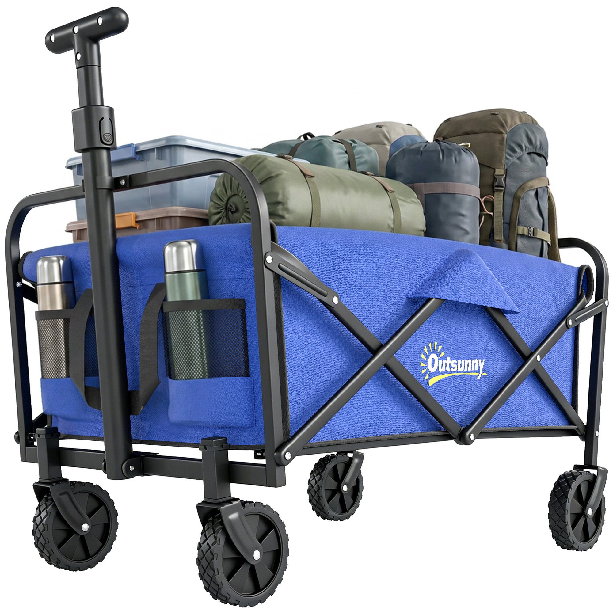 Outsunny Carro Playa con Ruedas Carro de Jardín Plegable con Asa Telescópica Ajustable 2 Bolsas de Almacenaje Carga 100 kg Carrito Transporte para Todo Terreno Jardín Campaña Compra Azul