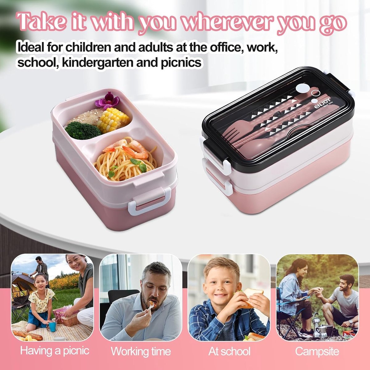 Fiambrera con 3 compartimentos - 1400 ml - Fiambrera Bento para la escuela, la oficina y los viajes - Apta para microondas con cubiertos - A prueba de fugas
