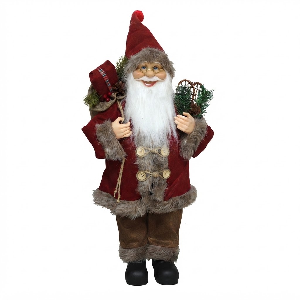 Papá Noel de Pie con Linterna (Marrón y Cuadros) y Saco de Regalos - Figura Navideña Decorativa, 3 Colores y 3 Tamaños (45, 60 y 80 cm), Adorno de Navidad para Hogar, escaparates y Fiestas - Gerimport