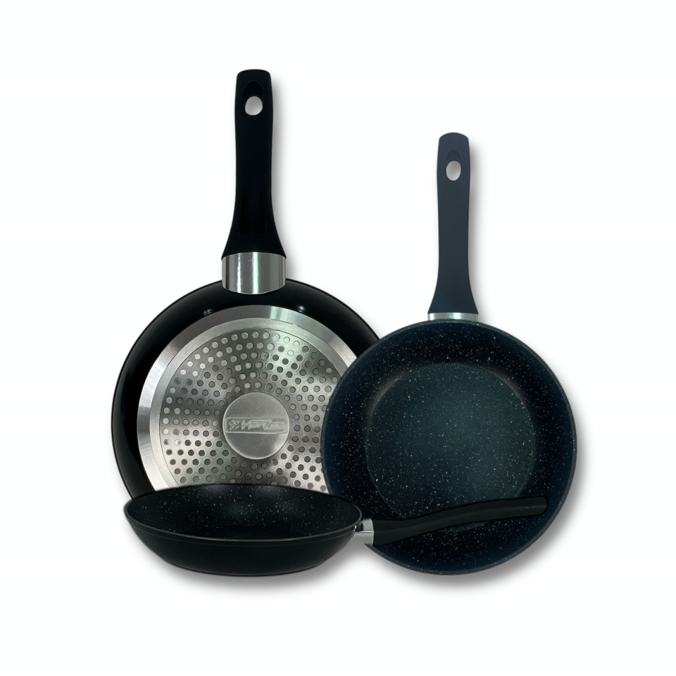 Sartenes Cocina Horizon, Color Negro, Disponible En Set de 3 piezas o Unidad, De Aluminio Forjado, Revestimiento Aspecto Piedra, Antihaderente Tricapa, Compatible con Gas, Vitrocerámica y Cocinas De Inducción, Libre De Pfoa, Marca Elite.
