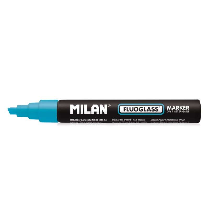 Milan fluoglass rotulador superficies lisas - punta biselada - trazo de 2 - 4mm - tinta al agua - borrado facil - color azul (12 uds)