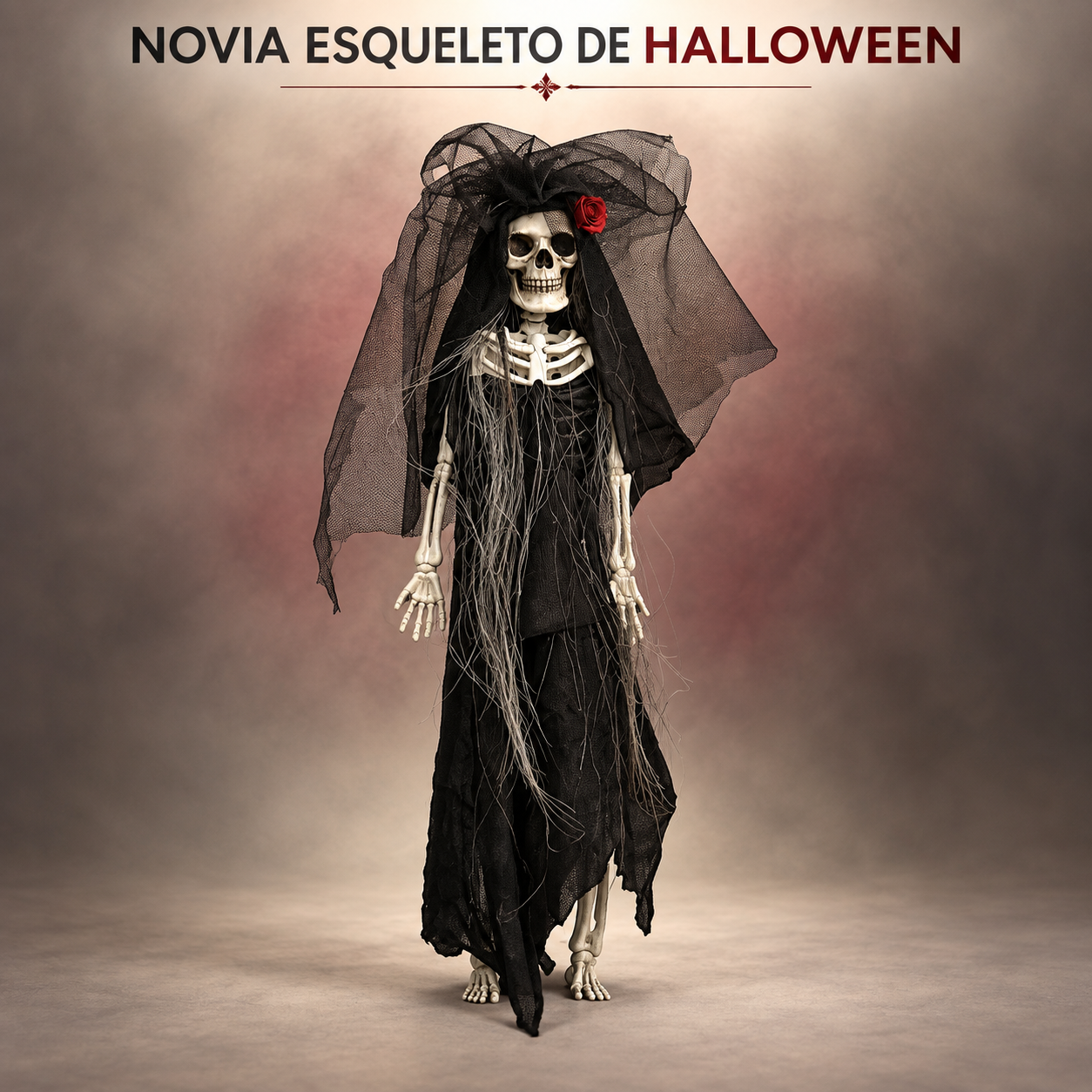 Decoración Halloween Novia Esqueleto Fantasma Colgante 40 × 12 cm, Figura Gótica de Terror con Velo Negro, Rosa Roja y Vestido de Gasa, Adorno Ligero Fácil de Colgar para Puerta, Pared, Ventana, Fiesta y Casa Encantada