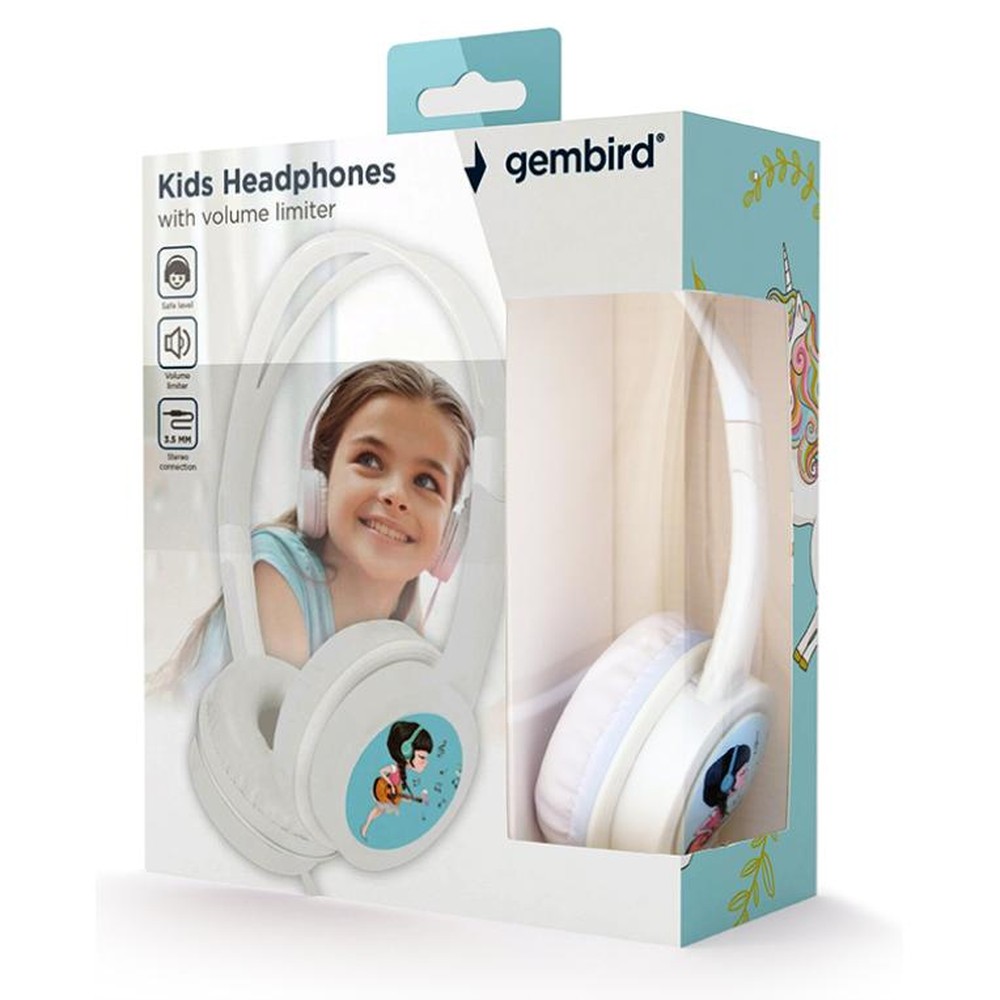 Gembird - Auriculares con cable MHP-JR-W para niños, limitador de volumen a 85 dB, color blanco, 3,5 mm, 1,2 m