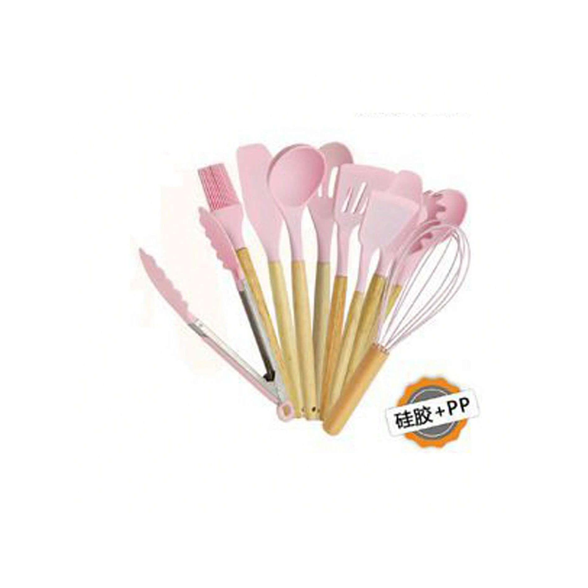 Set de Utensilios de Cocina de 12 Piezas | Herramientas de Silicona con Mango de Madera y Vaso Organizador | Resistente al Calor | Disponible en Rosa, Negro, Crema y Verde | Material Silicona + PP Grado Alimenticio