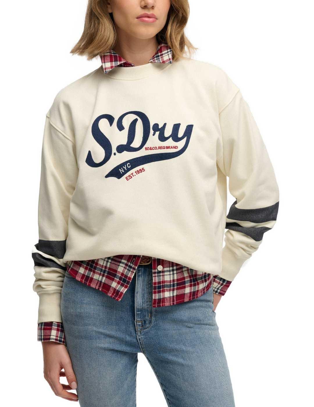 Sudadera Superdry Varsity relajada crema sin capucha mujer