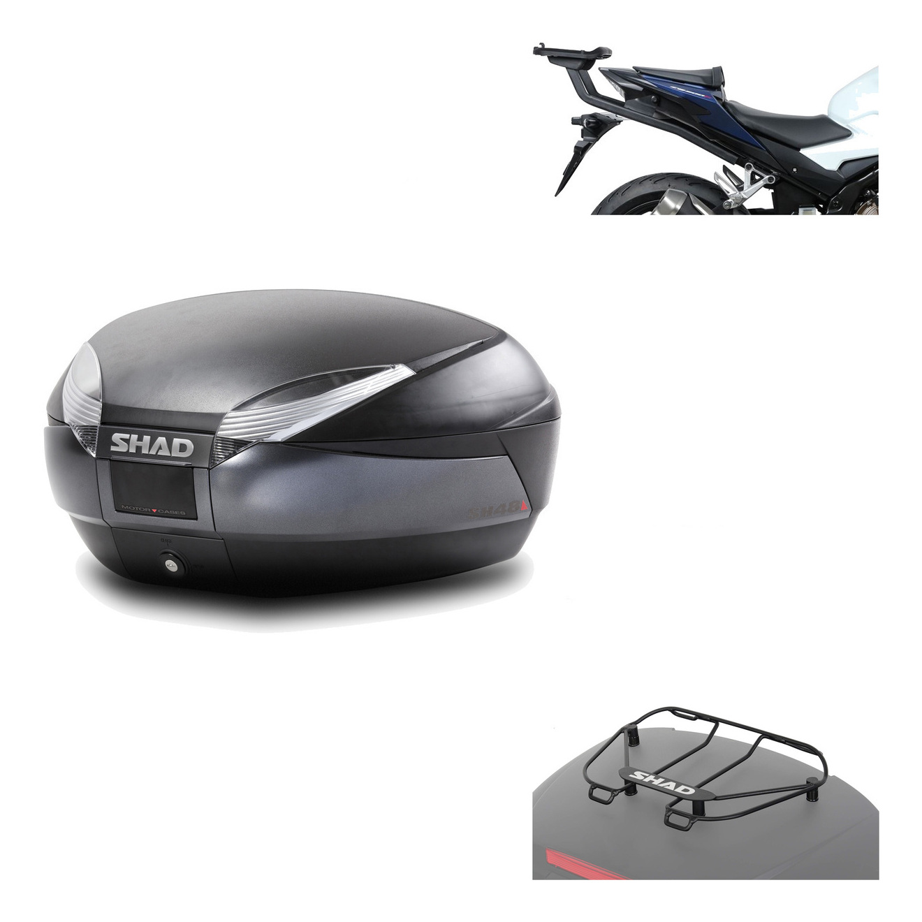 Baul Trasero + Herraje Montaje + Parrilla Portabultos Sh48 Dark Grey Premium KIT-190486