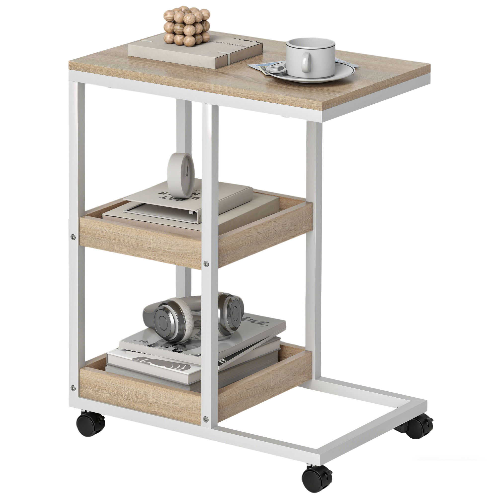 HOMCOM Mesa Auxiliar con Ruedas Mesa Auxiliar para Sofá en Forma de C con 2 Estantes Abiertos, Marco de Acero, para Salón, Dormitorio, 51x33x66 cm, Natural y Blanco
