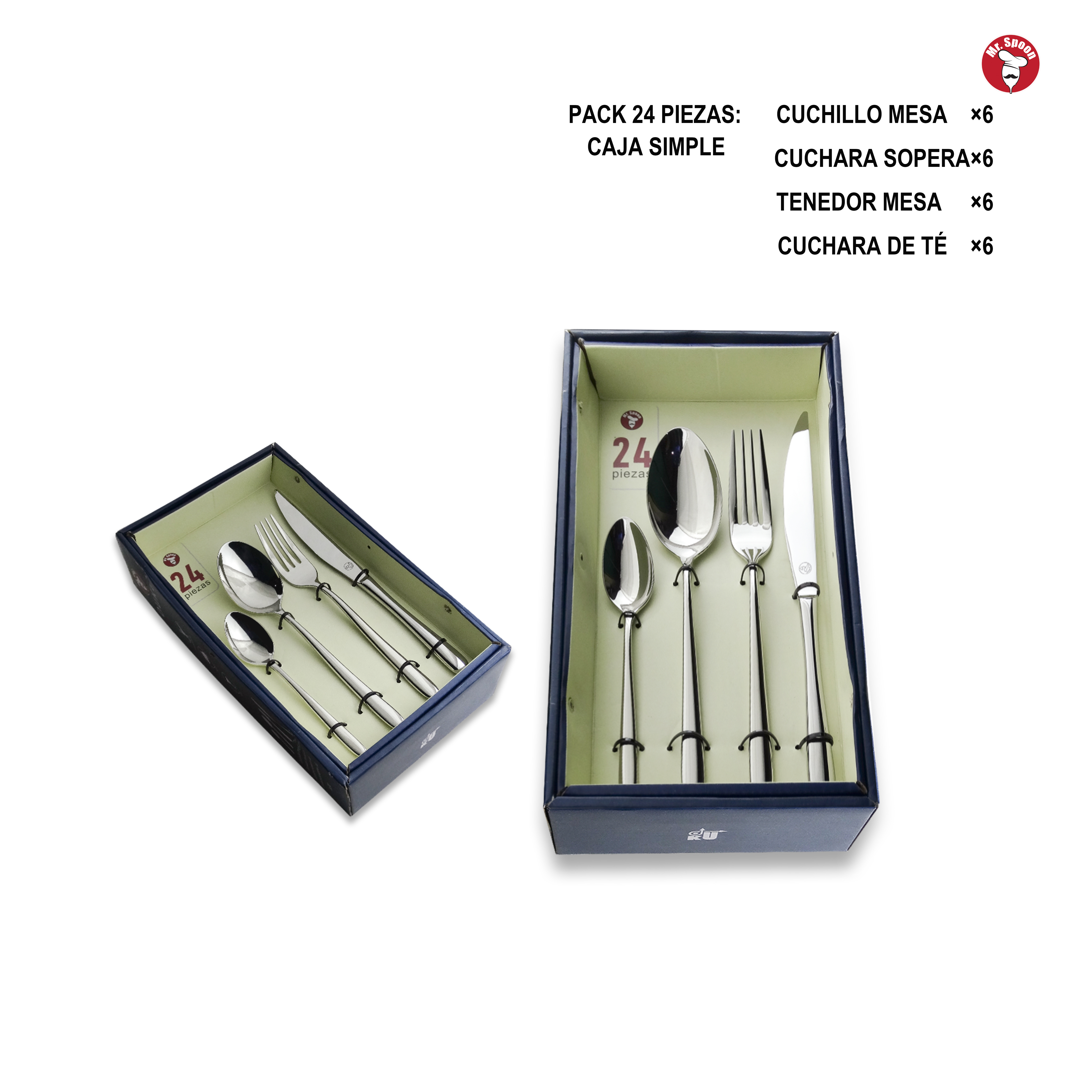 Mr.Spoon Serie Estrella Juego de Cubiertos Premium 24 Piezas Acero Inoxidable 18/10 Plata, Alta Calidad, Set Completo con Cuchillo, Tenedor, Cuchara y Cucharilla, Apto para Lavavajillas, Ideal para Hogar, Restaurante y Hostelería