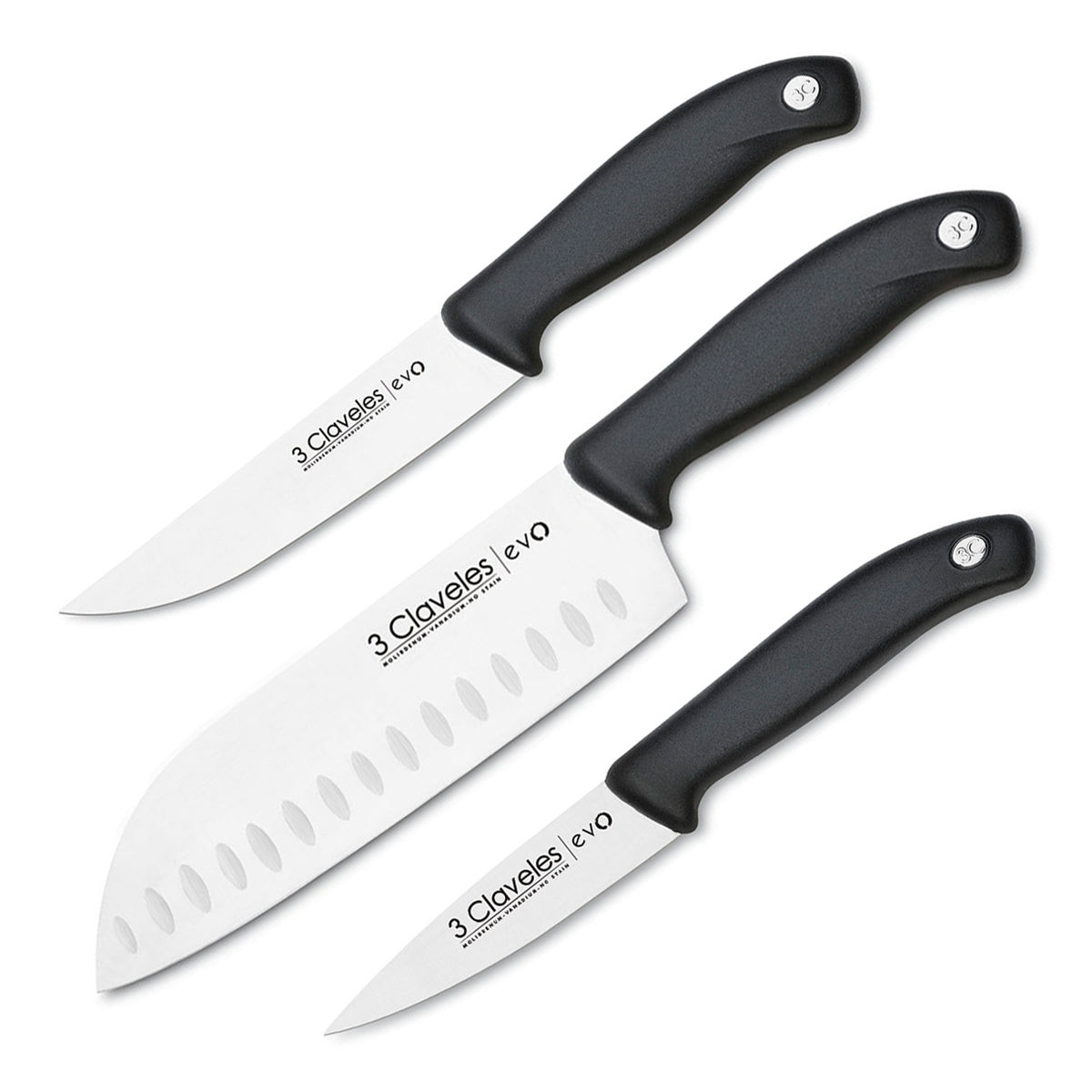 3 Claveles EVO - Set de 3 Cuchillos de Verduras, Cocina y Santoku en Acero Inoxidable