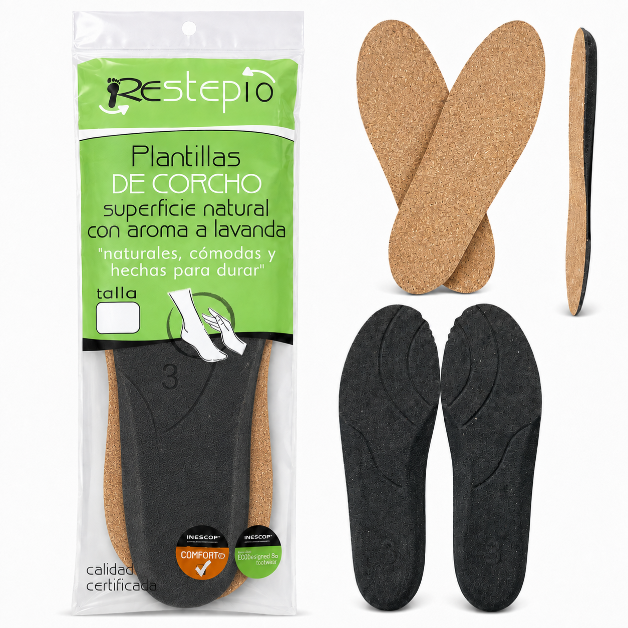 Plantillas para calzado de corcho natural, Modelo Bajo, 100% recicladas, Restep 10