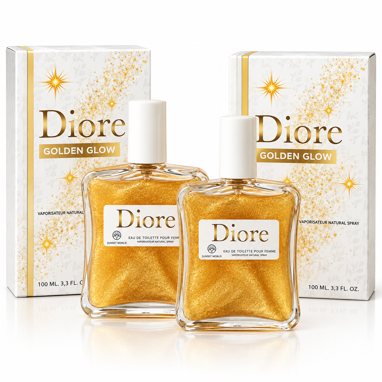 Pack 2 Unidades Golden Glow, 2 x 100 ml, Eau de Toilette Floral Frutal con Partículas Doradas, Perfume Femenino con Efecto Brillo para Piel, Fiestas, Eventos y Ocasiones Especiales