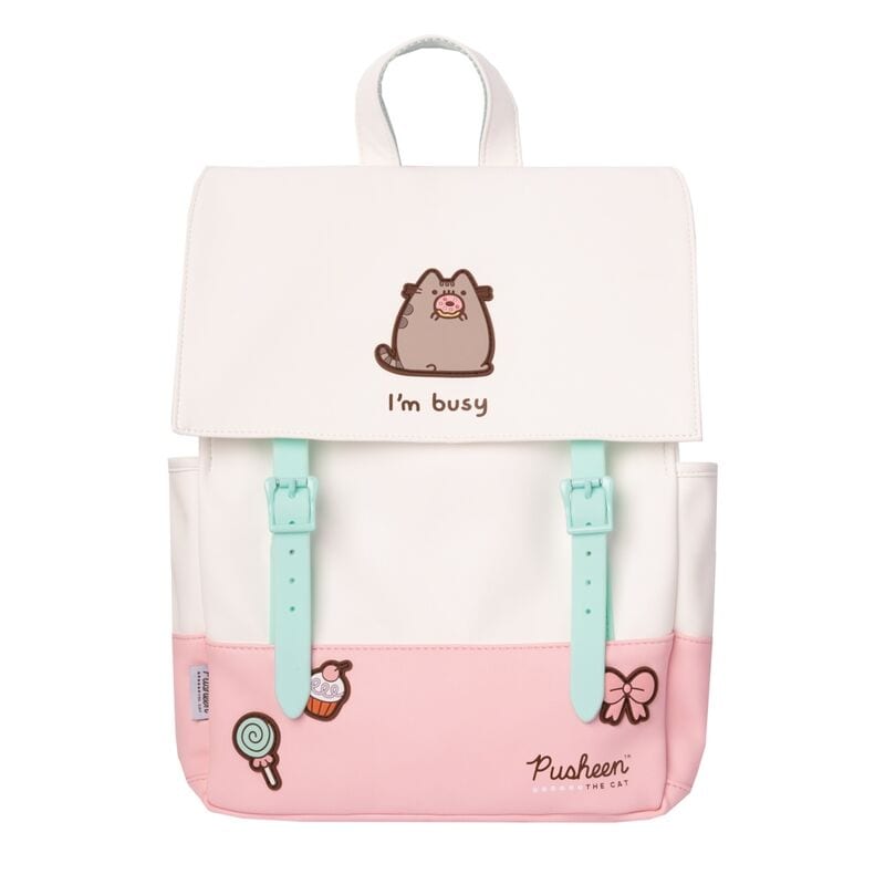 Mochila Pusheen, 30x38x11 cm, Cierre con Solapa y Correas, Bolsillos Laterales, Ligera y Resistente, para Colegio o Viaje, Diseño Blanco y Rosa con Tirantes Verde Menta