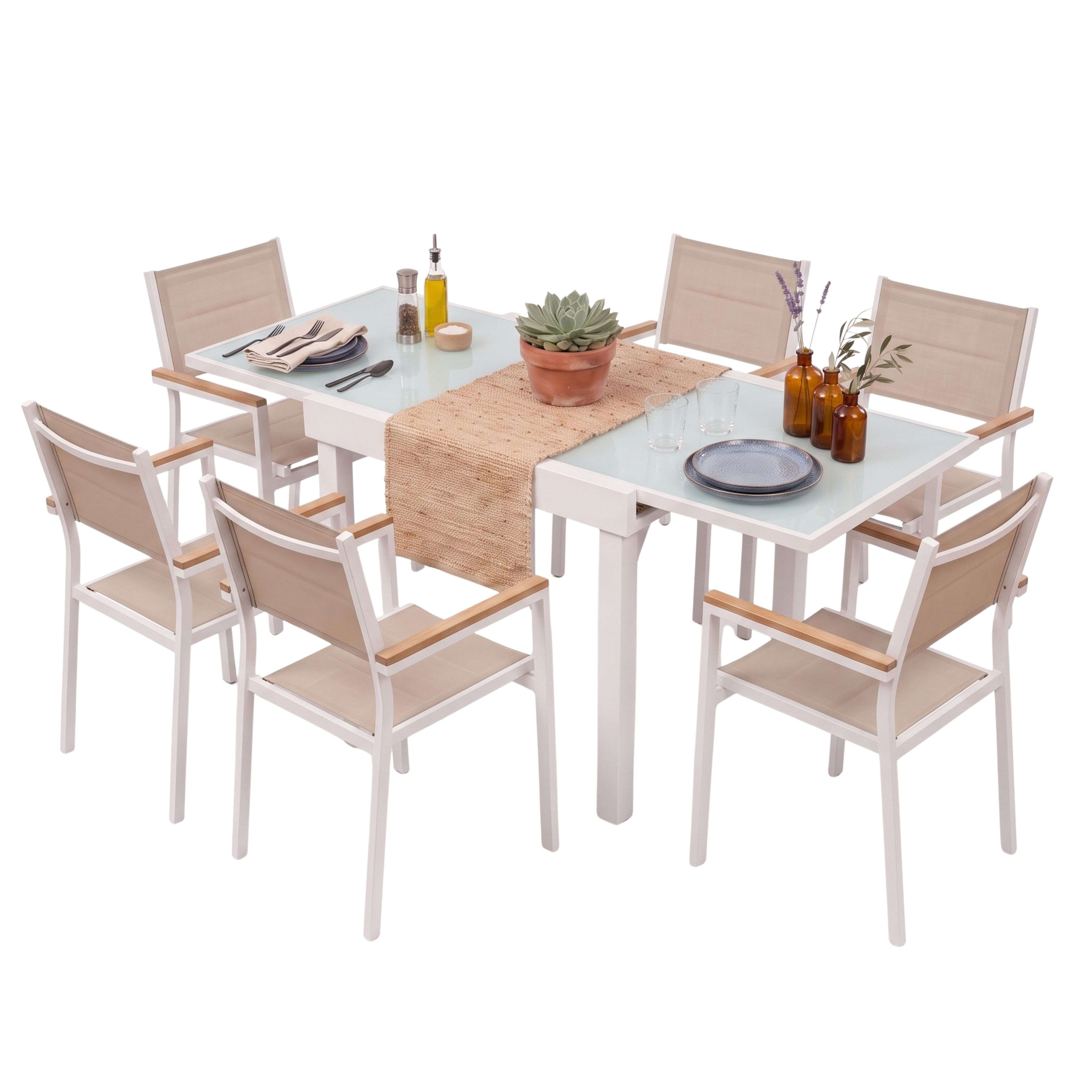Miroytengo Juego de Muebles Jardín, Mesa Extensible y 6 Sillas Apilables Aluminio 90-180x90 cm