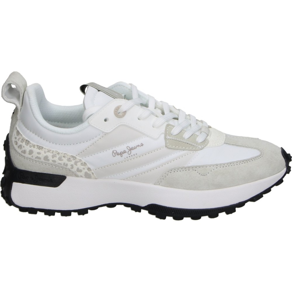 PEPE JEANS | Zapatillas Pepe Jeans para Mujer – Deportiva Blanca de Estilo Running Casual con Detalles en Beige, Gris y Animal Print, Cierre de Cordones, Suela Track con Contraste Negro, Tirador Trasero y Diseño Urbano Cómodo – Modelo PLS60005-800