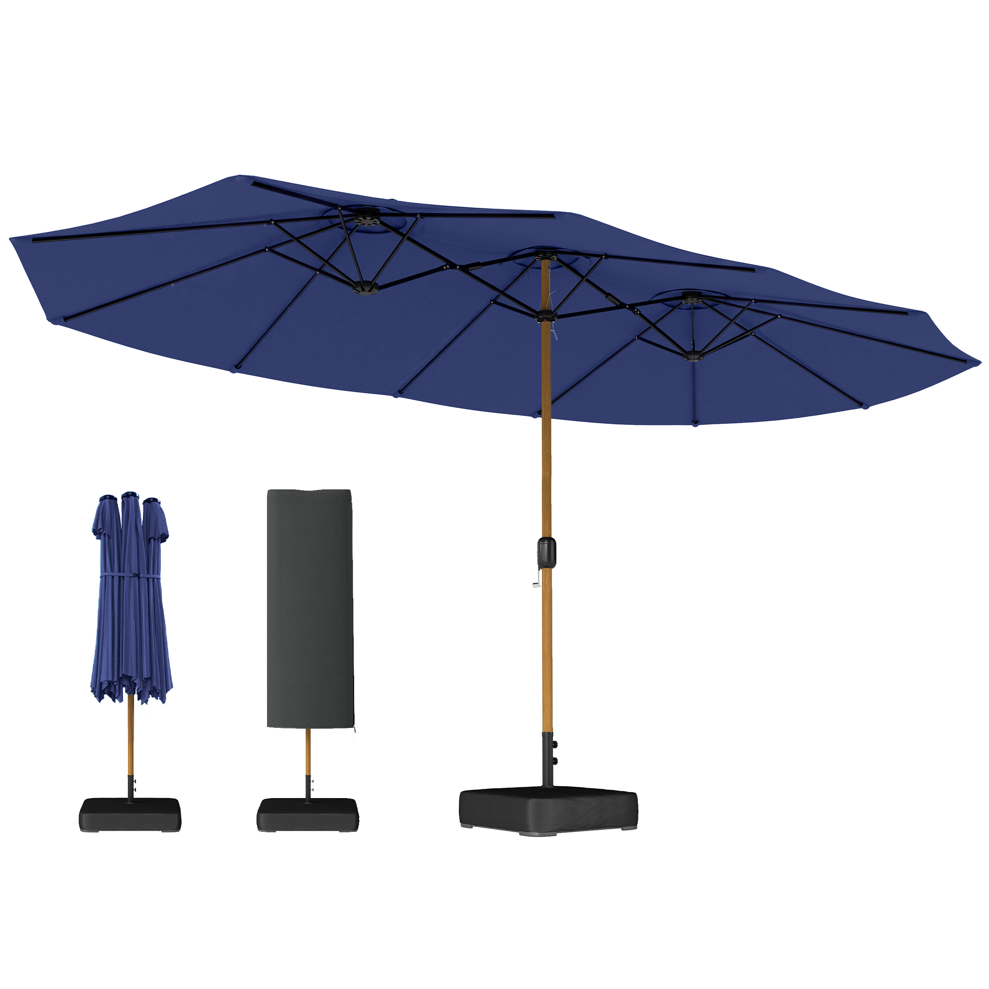 Outsunny Sombrilla Doble 4,7x2,8 m, Sombrilla Terraza Exterior con Base Incluida, Manivela Manual, Sacos de Arena y Funda, Anti-UV, Resistente al Agua, Parasol para Jardín, Terraza, Patio, Azul Oscuro