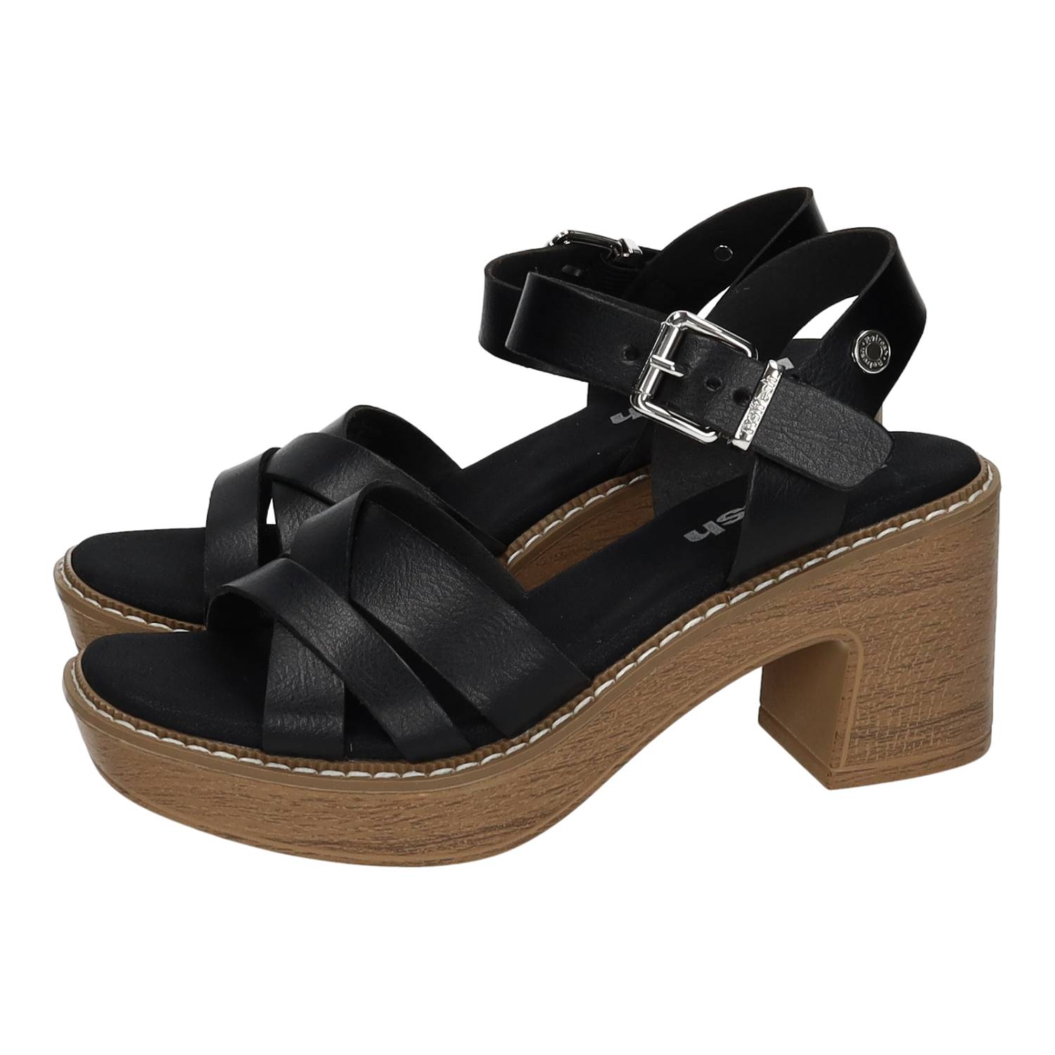 Sandalias marca REFRESH para mujer en color negro. Calzado de verano con tiras cruzadas y pulsera ajustable, plataforma ligera con tacón ancho y plantilla acolchada