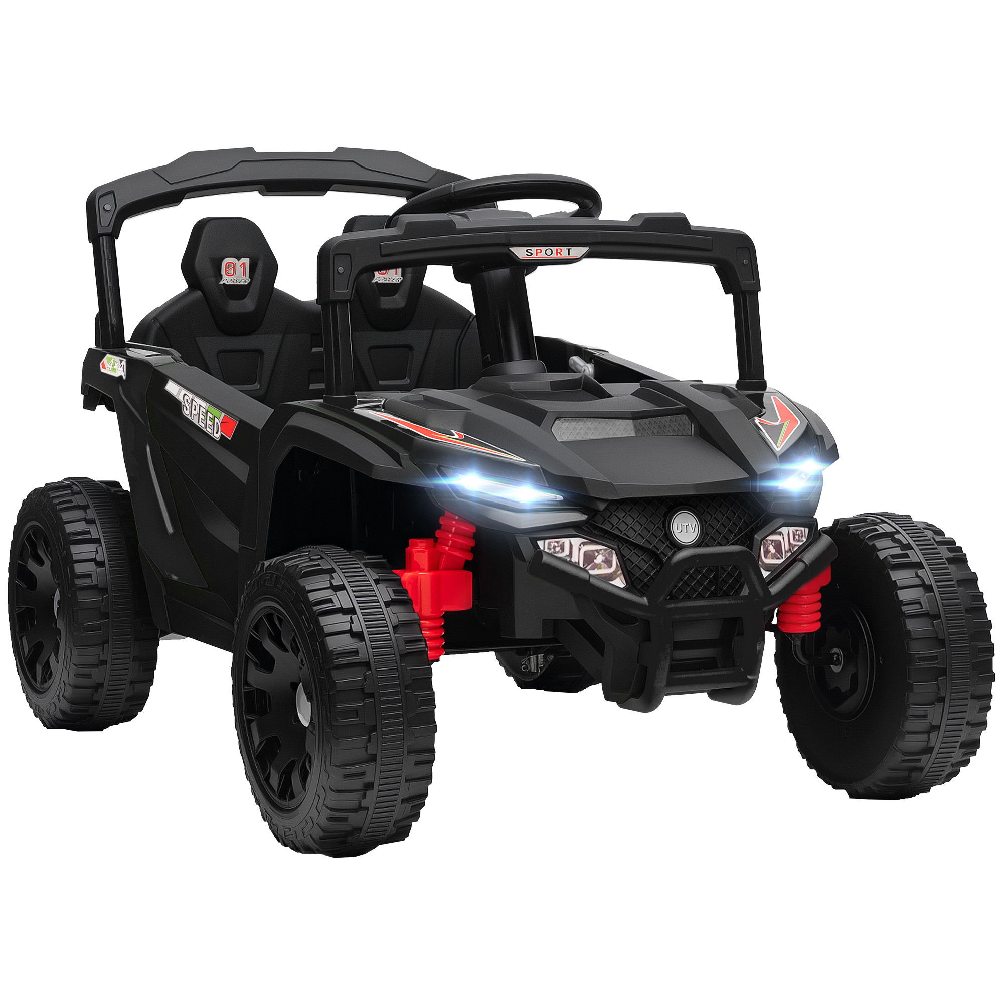 AIYAPLAY Coche Eléctrico para Niños 12V, Coche de Batería UTV con 2 Motores, Control Remoto 2,4G, Suspensión Trasera, Faros, Música, para Niños de +3 Años