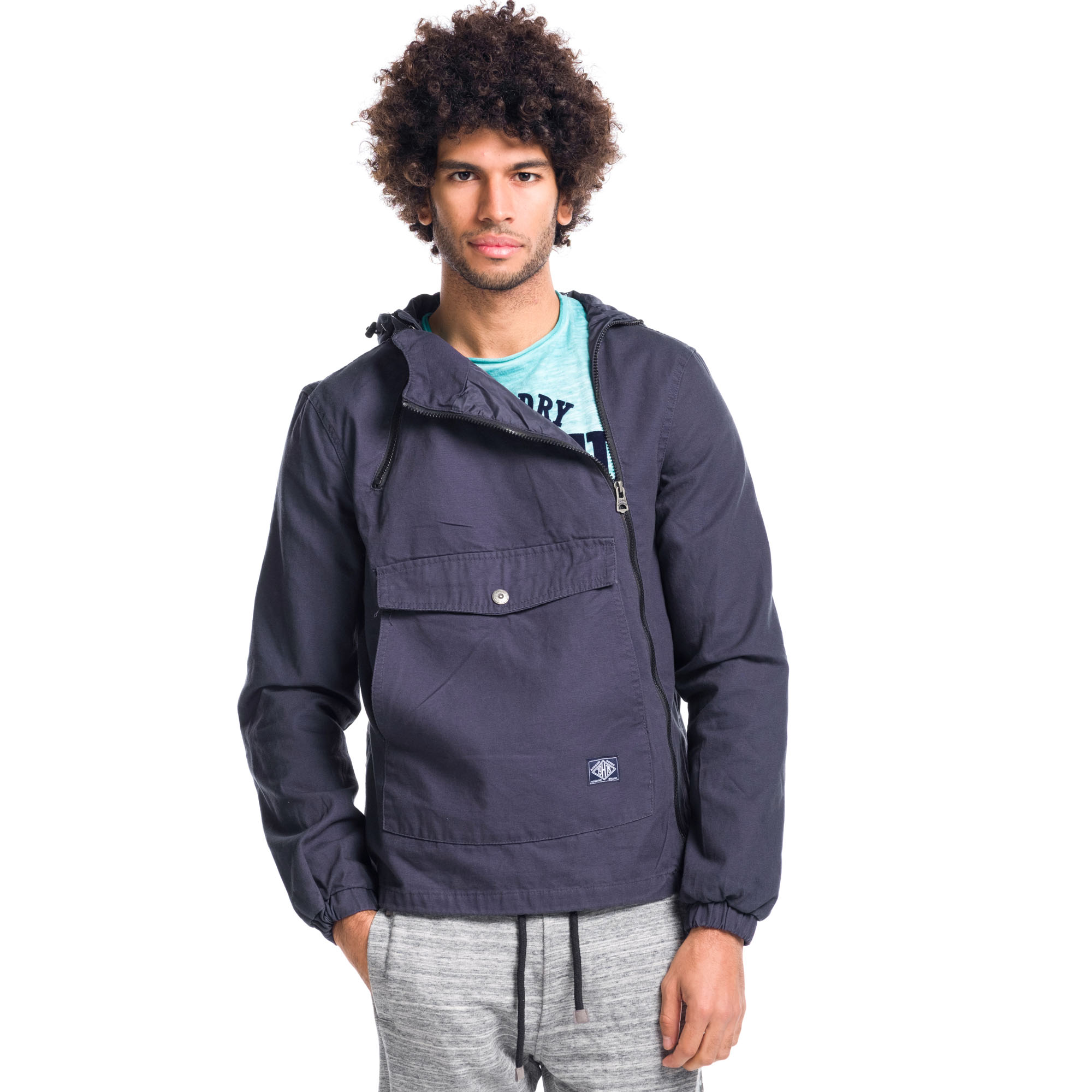 Koroshi - Chaqueta canguro de algodón 100% con capucha ajustable y cremallera lateral asimétrica para hombre estilo anorak