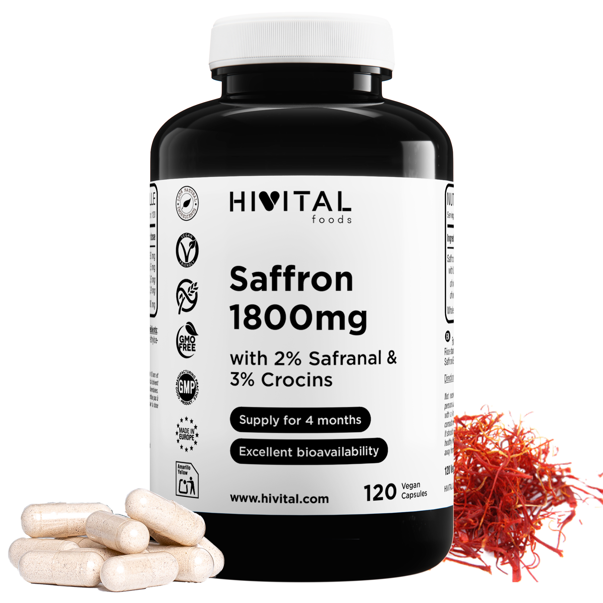 Azafrán 1800 mg | 120 cápsulas veganas. Hivital