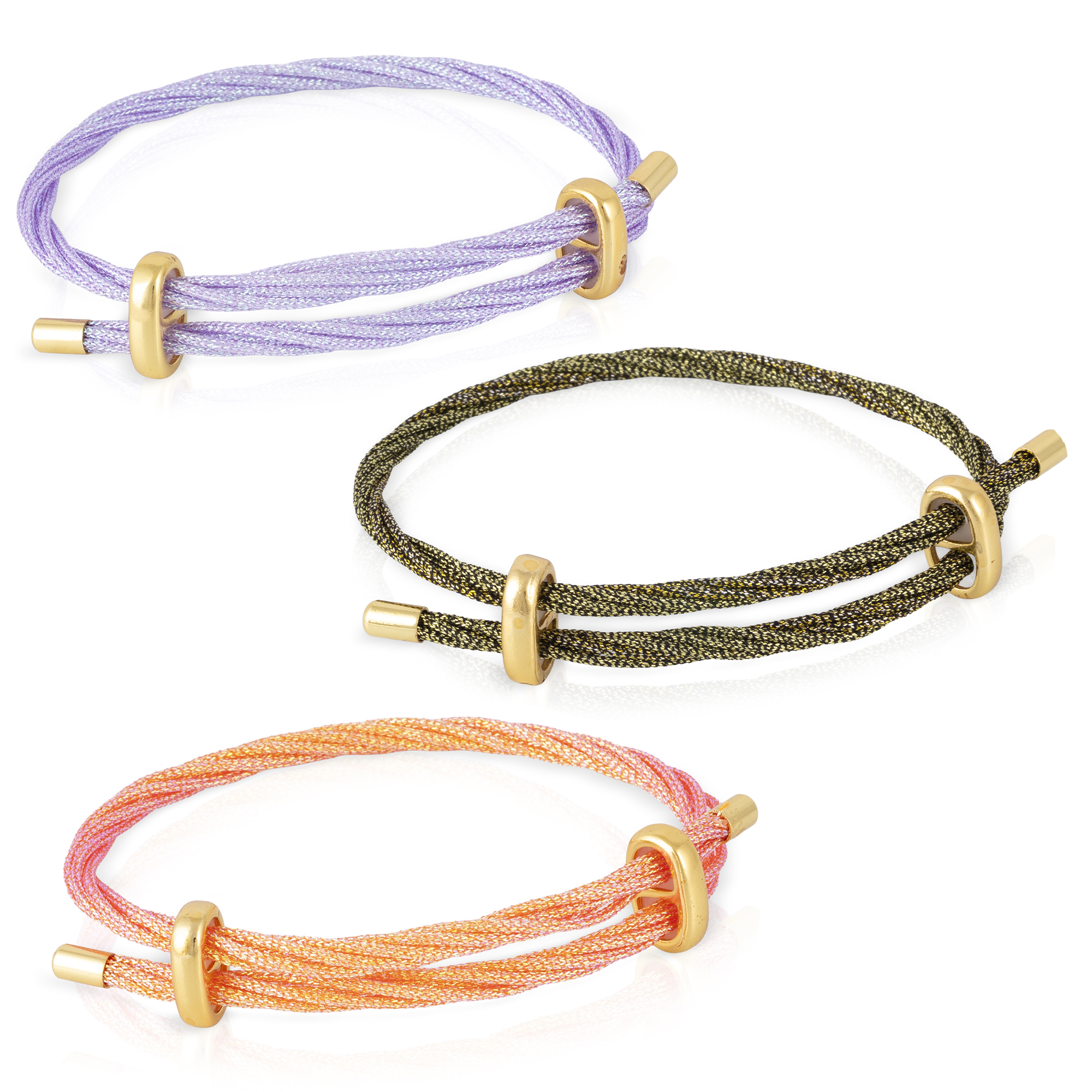FIRENZE SILVER Pack de 3 pulseras multihebra entrelazada de hilo de nylon naranja, verde y lila con cierre cruzado de cobre dorado. 1x0,3x26 Cm.