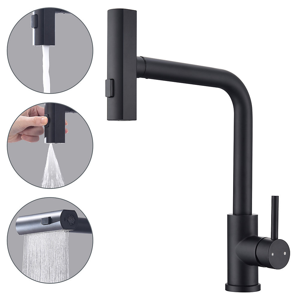 CA Grifo de cocina negro mate con rociador extraíble, 3 funciones de rociado, grifo mezclador giratorio de 360 grados de acero inoxidable.