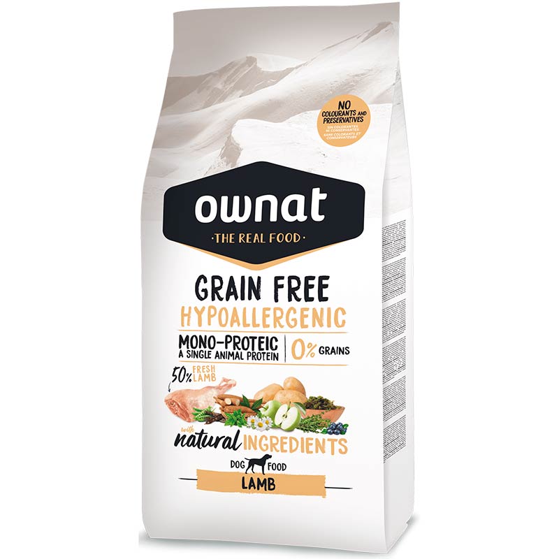 Ownat – Pienso para perros adultos medianos y grandes Ownat Grain Free Hipoallergenic cordero. 12 Kg