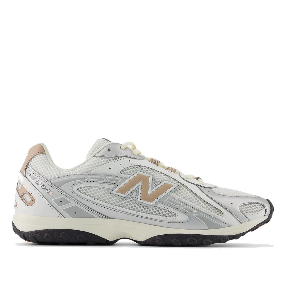 Zapatillas deportivas New Balance 204L blancas y plateadas con detalles azul marino para mujer