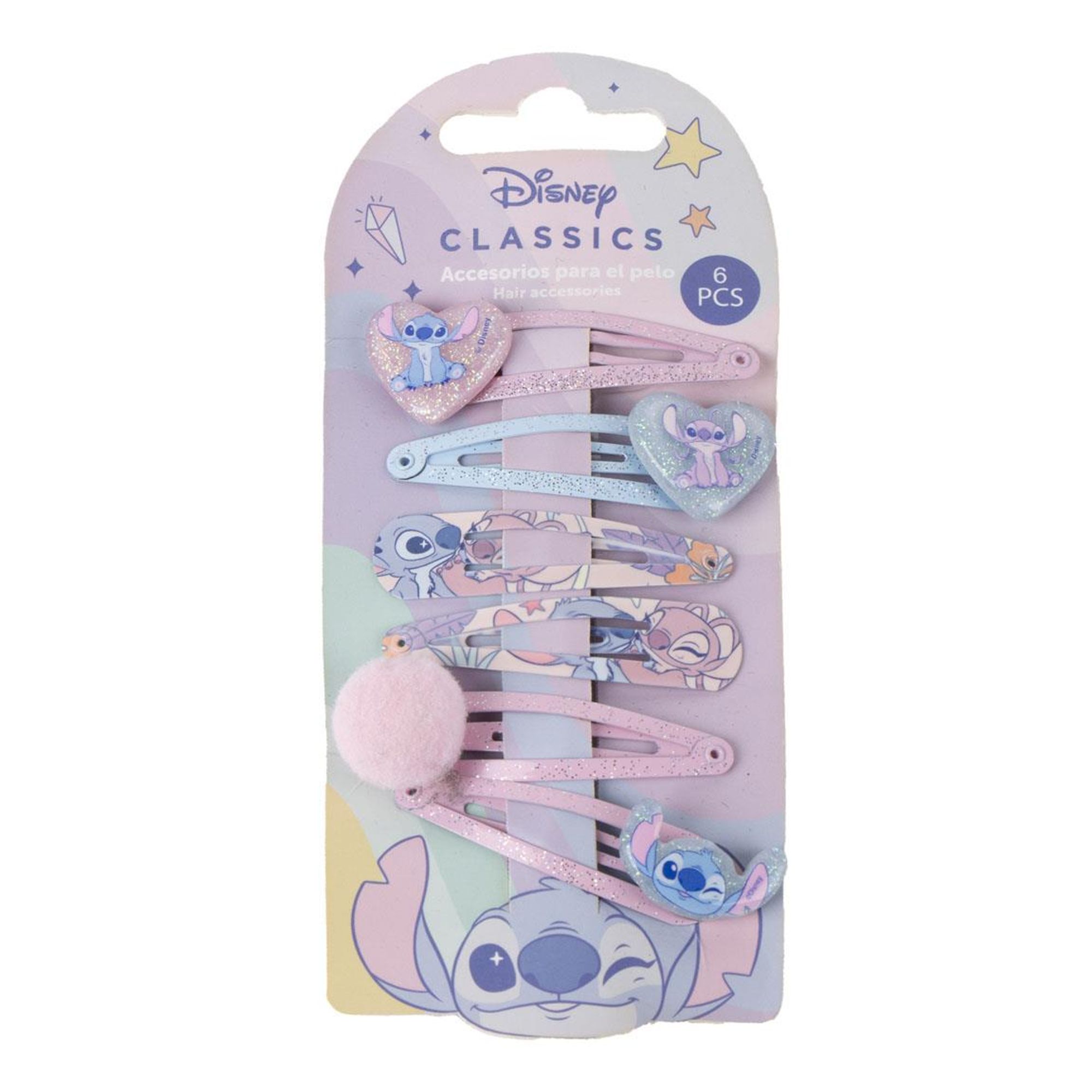Set de Broches para el Cabello Disney Classics para Niñas, Pinzas Infantiles en Tonos Pastel y Glitter con Diseño de Stitch y Angel, Ideal para Peinados Divertidos y Regalo Escolar